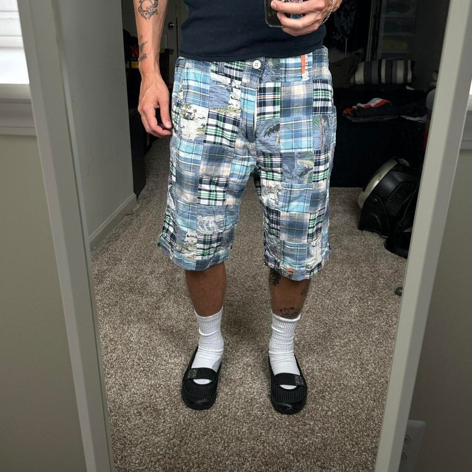 Old Navy × Vintage Vintage Y2K 2000s Old Navy Cream Blue Plaid Baggy Long Short Size US 32 / EU 48 - 3 Thumbnail