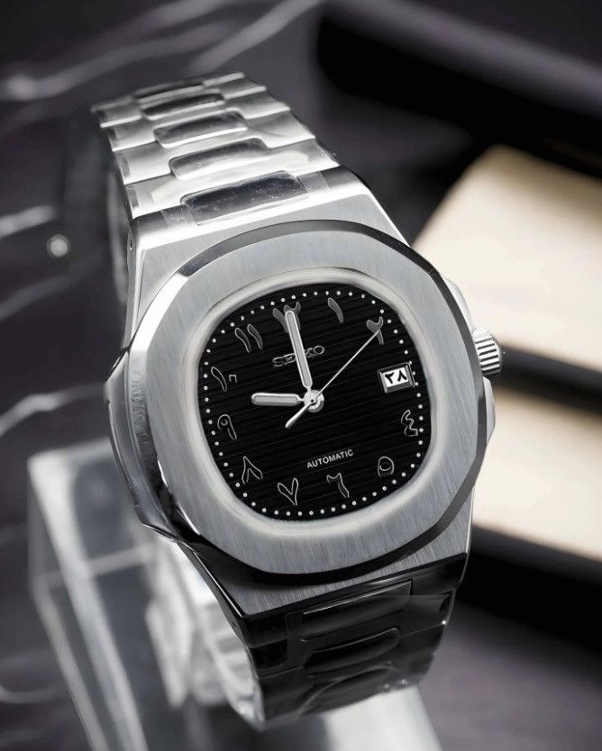 Japanese Brand Seiko Mod Nautilus Black Arabic Dial Steel Watch 41mm Size ONE SIZE - 1 Thumbnail
