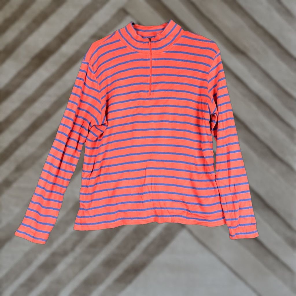 Vintage LL Bean Womens Sweater Orange Blue Stripe 1/4 Zip Long Sleeve 100% Cotton Large Size L / US 10 / IT 46 - 1 Thumbnail