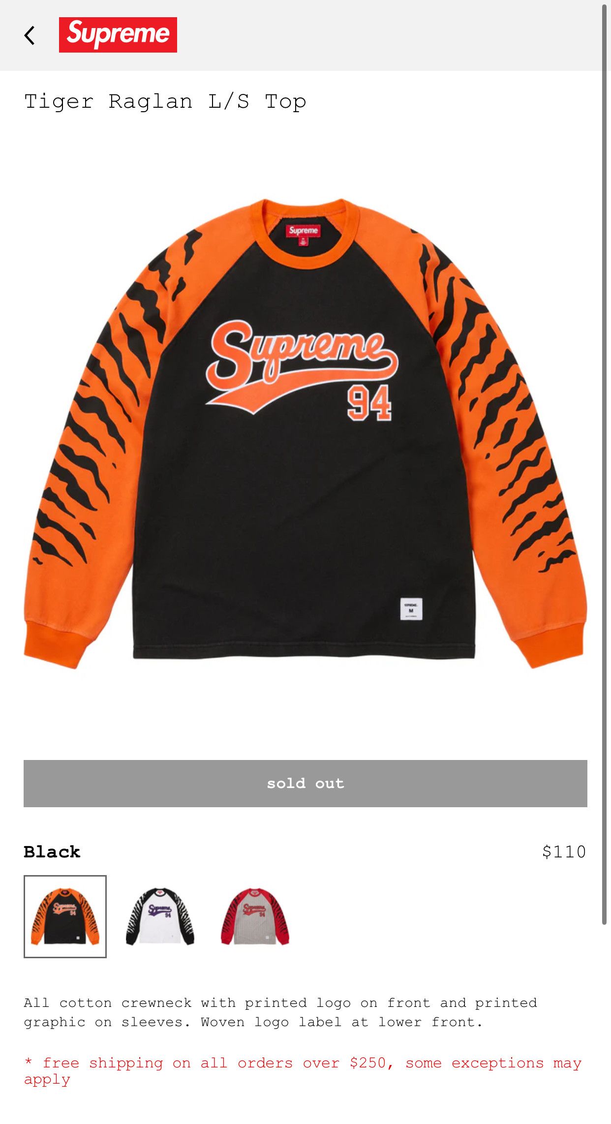 Supreme Supreme Tiger Raglan L/S Top Size US M / EU 48-50 / 2 - 4 Thumbnail