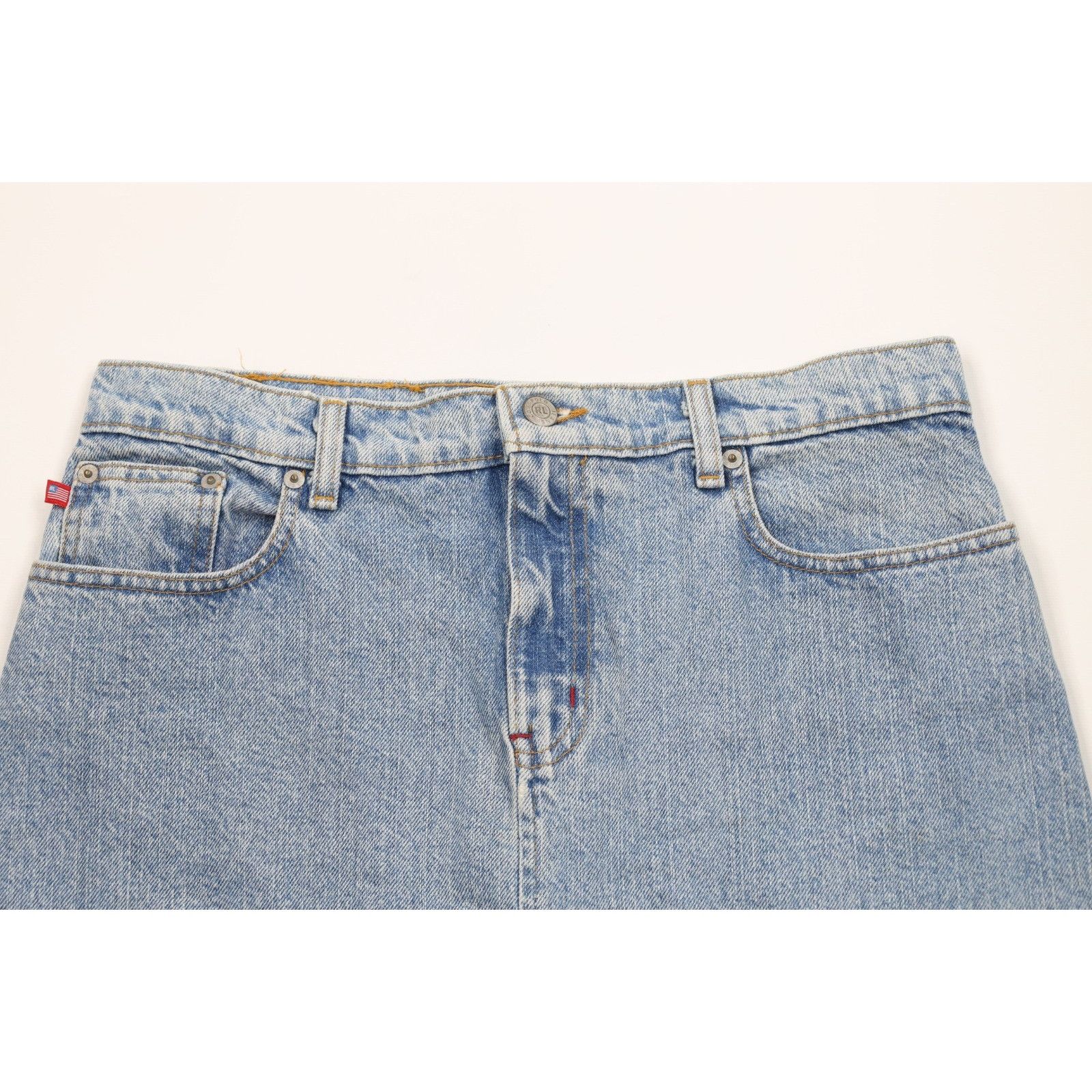 Ralph Lauren Vintage 90s Ralph Lauren Distressed Knee Length Denim Skirt Size 28" / US 6 / IT 42 - 2 Thumbnail