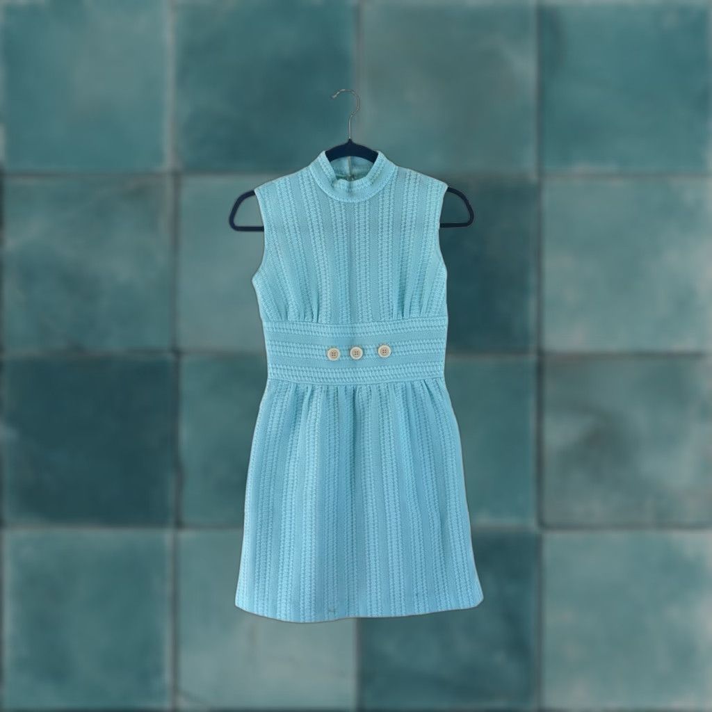 Vintage VINTAGE 60s High Neck Sleeveless Mini Dress Womens Small Deadstock NWOT Sky Blue 32" Long 16.5" Across Dress Mini Womens Size S / US 4 / IT 40 - 1 Thumbnail