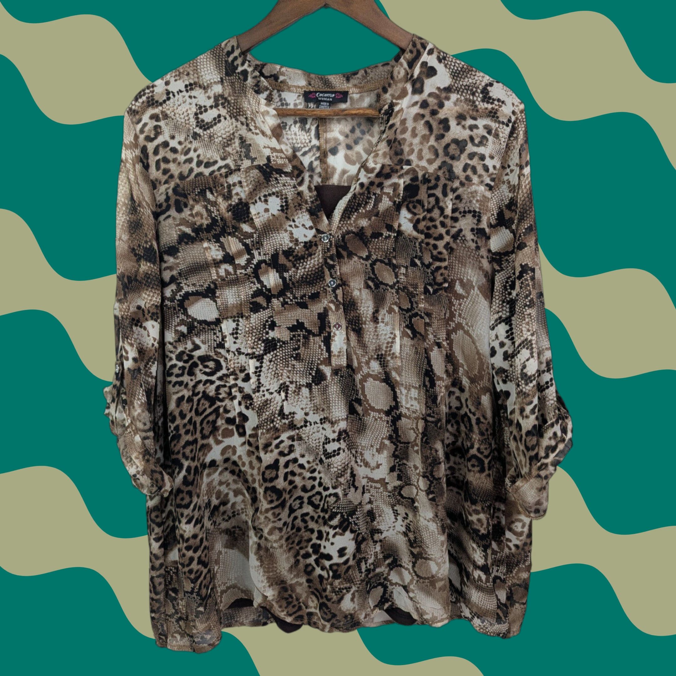 Vintage Cocomo Brown Animal Print 3/4 Roll Tab Sleeve Sheer Top V-Neck Henley Under Tank Shirt Women 2X Brown Snake Print Size XXL / US 16-18 / IT 52-54 - 1 Thumbnail