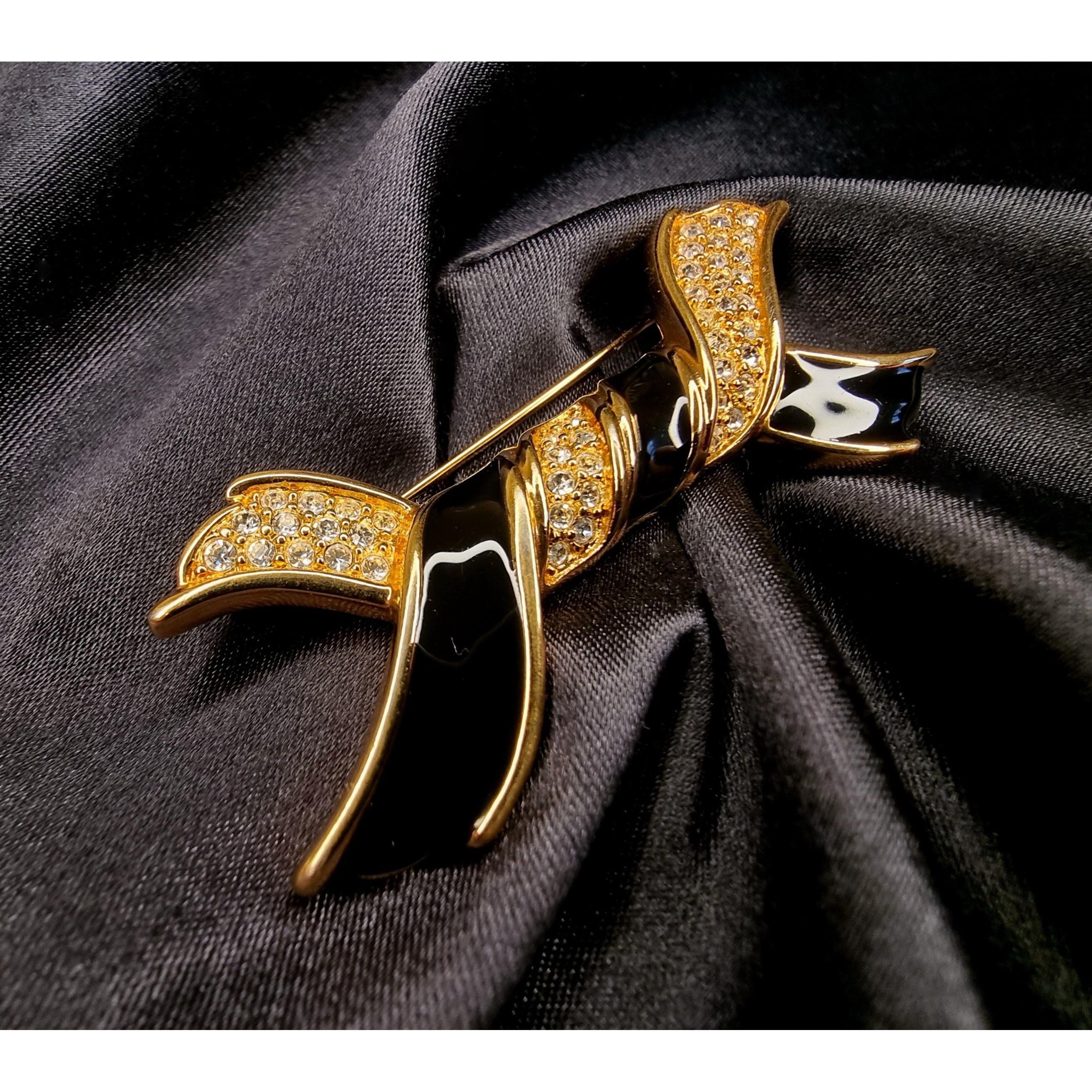 Swarovski Vintage SWAROVSKI Signed Ribbon Gold and Black Crystals Broo Size ONE SIZE - 1 Thumbnail