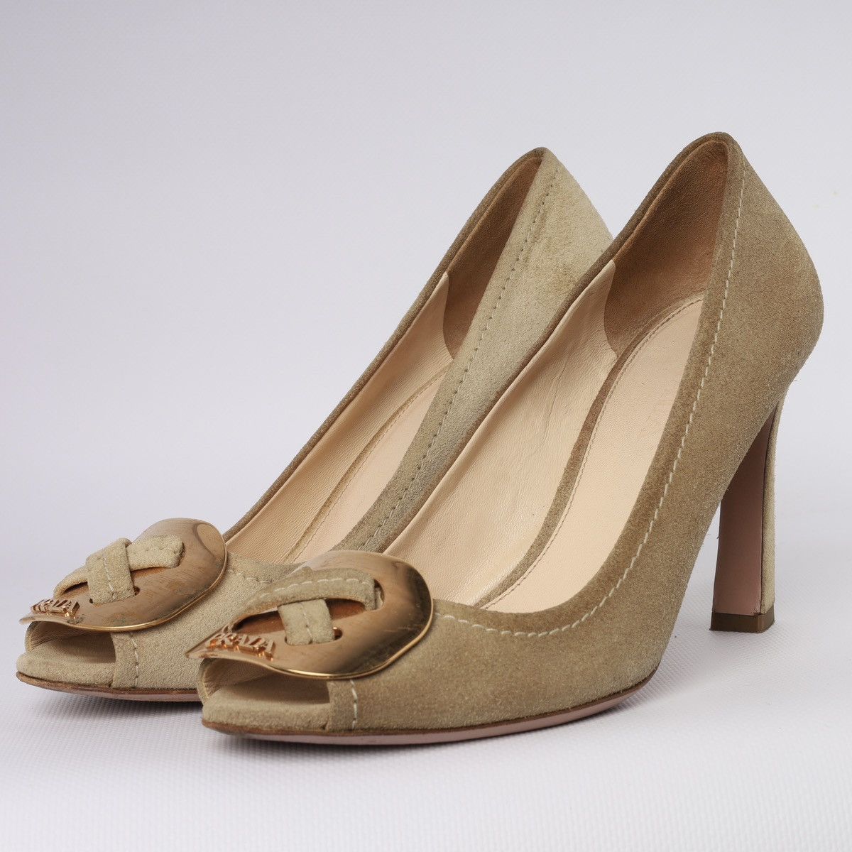 Prada Prada Beige Suede Peep-toe Pumps gold-tone Buckle Block Heel Size US 6.5 / IT 36.5 - 5 Thumbnail