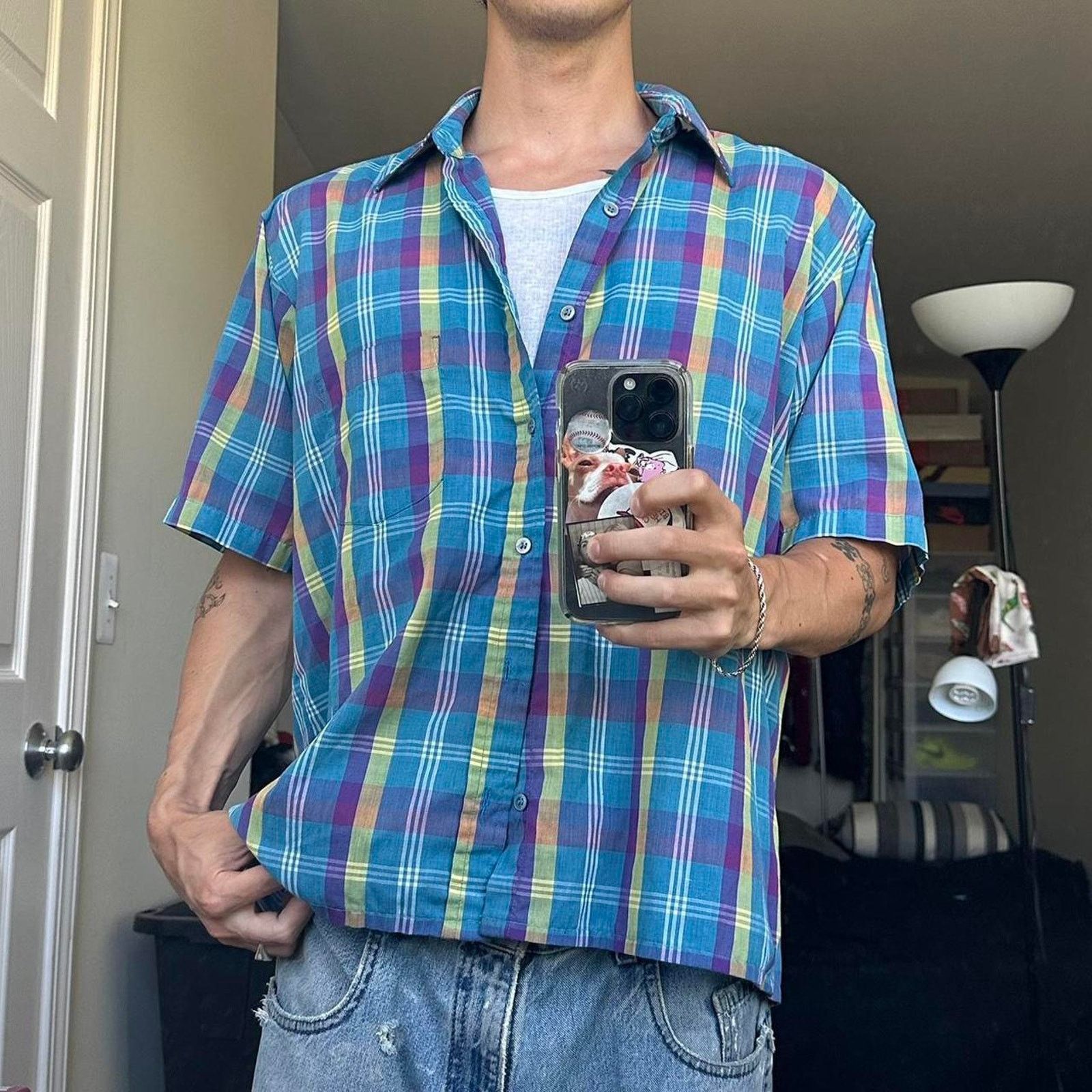 Vintage Beautiful Vintage 80s White Plaid ButtonUp ShortSleeve Shirt Size US L / EU 52-54 / 3 - 2 Thumbnail
