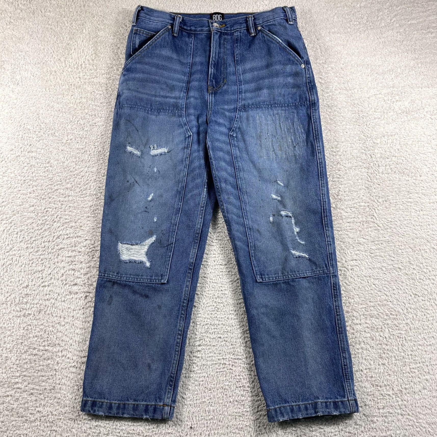 Bdg BDG Double Knee Jeans Mens 32x30 Blue Cropped Work Skate Distressed Straight Denim 30 in Inseam 32 Waist Relaxed warp? Size US 32 / EU 48 - 2 Thumbnail