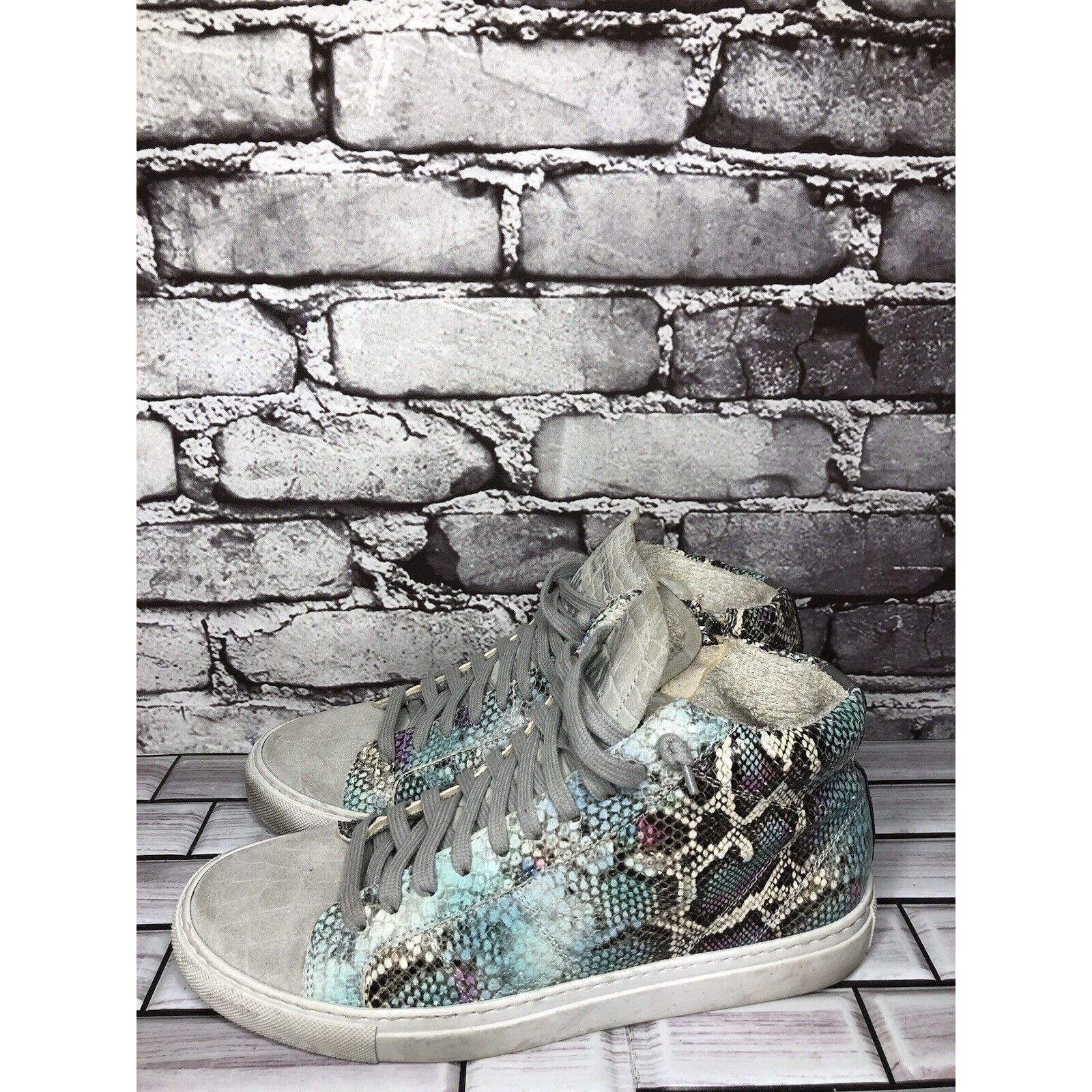 P448 P448 Blue Leather Snake Lace Up Casual Side Zip High Top Sne Size US 8.5 / IT 38.5 - 14 Thumbnail