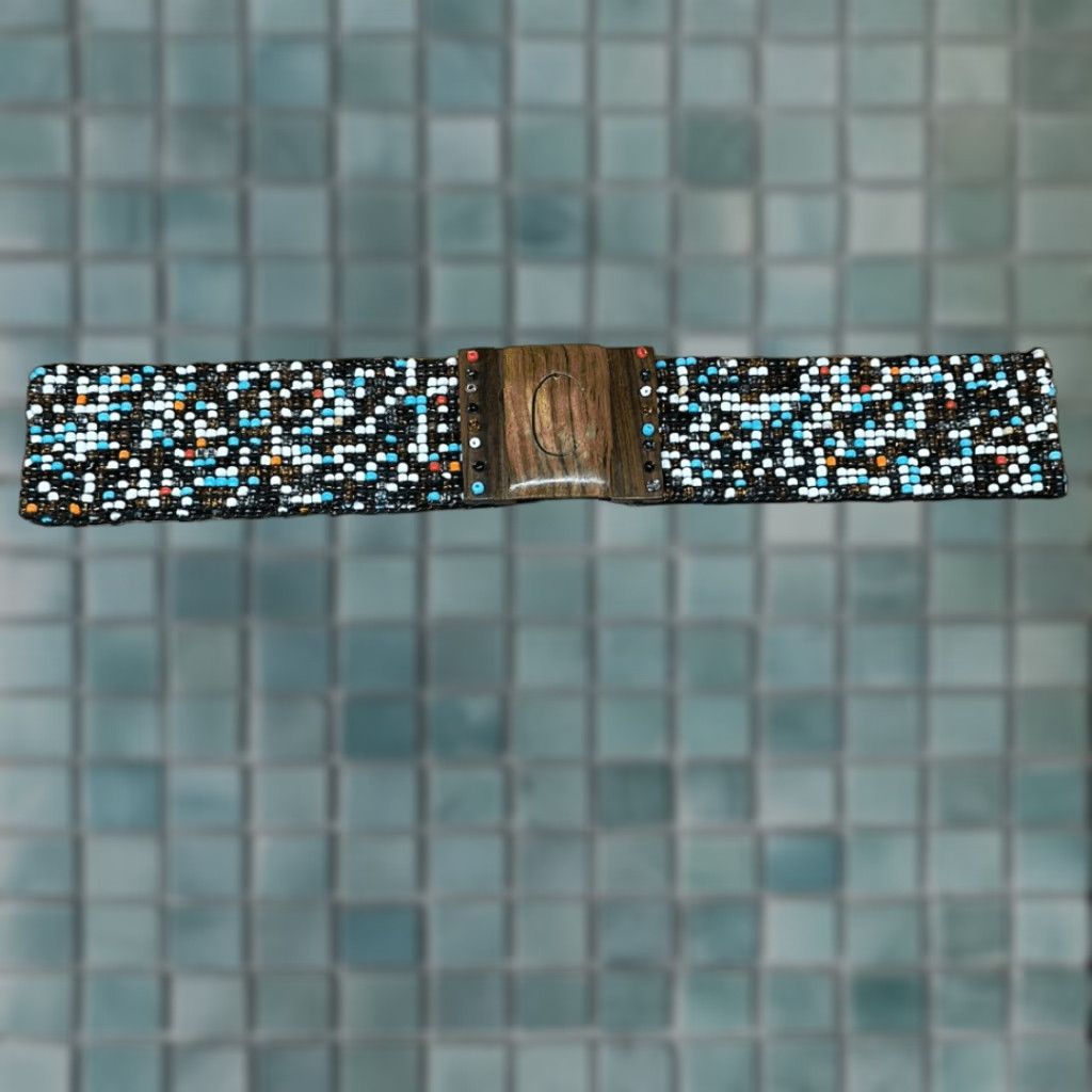 Vintage VINTAGE Women's Beaded Belt One Size Wide Wooden Hook Buckle Retro Boho Stretch Fit Brown W 2.25” Size ONE SIZE - 1 Thumbnail