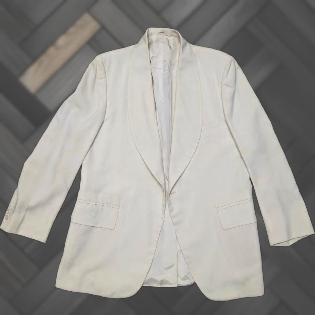VINTAGE 1960s 70s TUXEDO SHAWL Smoking Jacket Blazer Wool Blend Cream Off-White 40R USA Mens