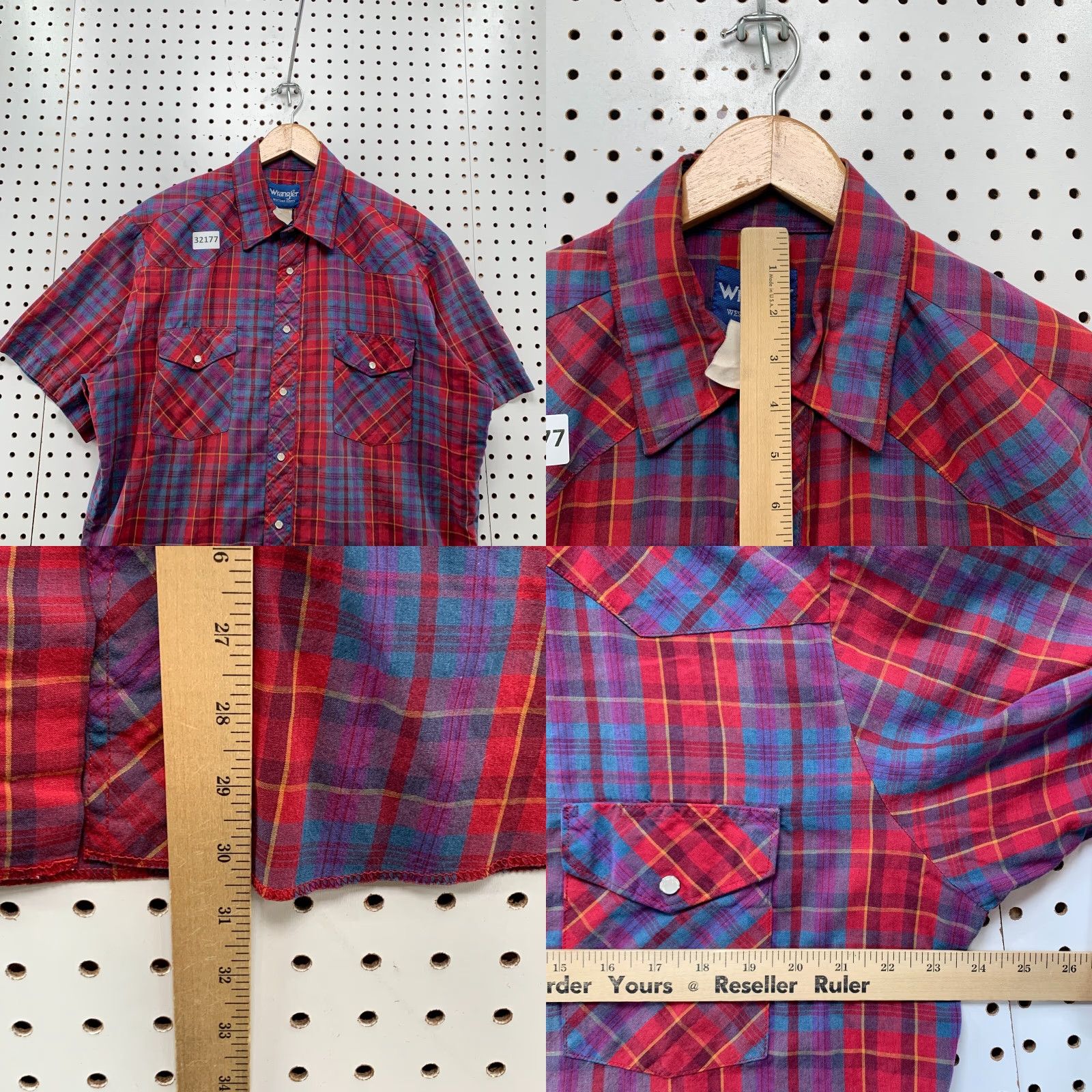 Wrangler VINTAGE Wrangler Western Snap Shirt Mens Large Red Blue Plaid Short Sleeve Size US L / EU 52-54 / 3 - 8 Thumbnail