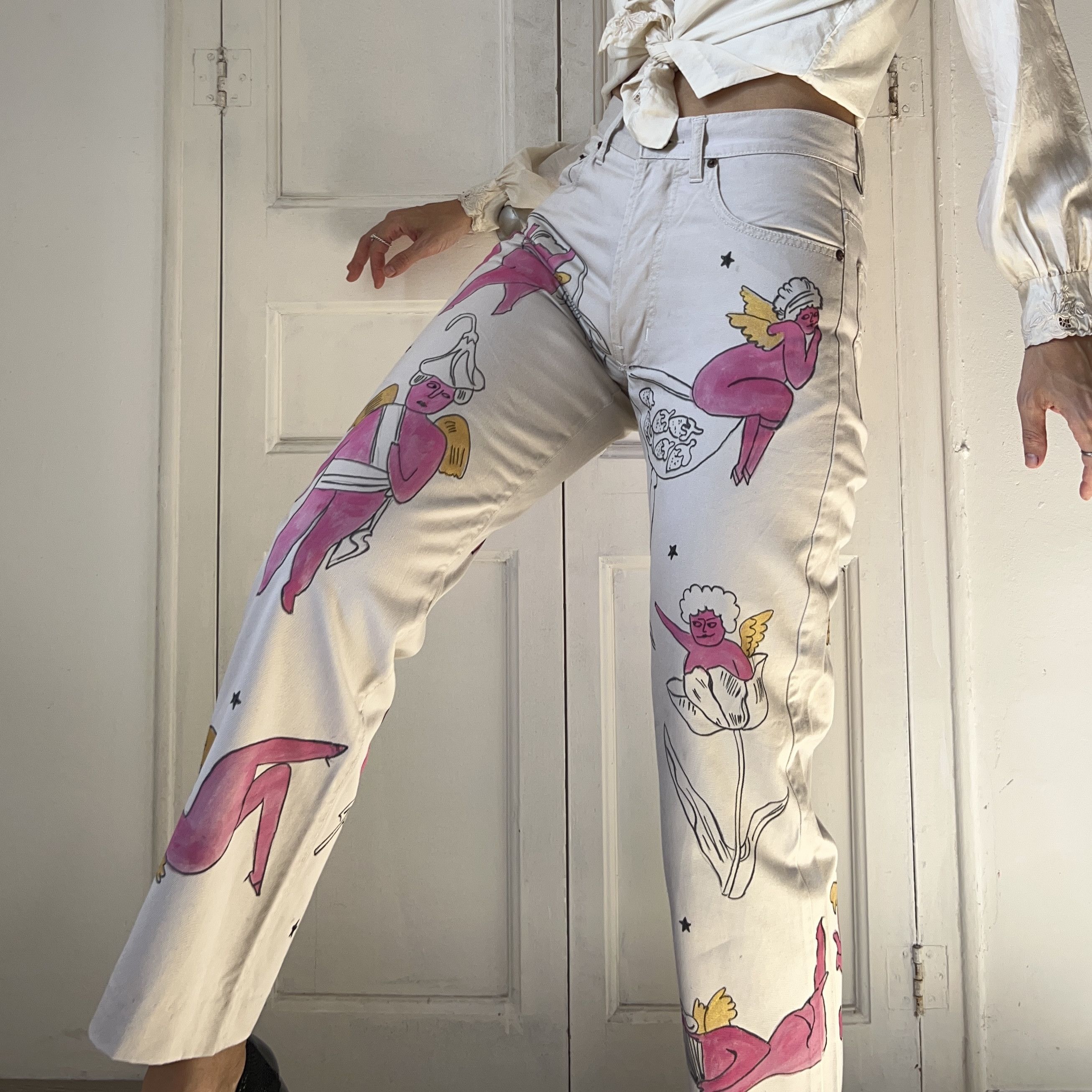 Custommade Hand-Painted Angels Cotton Trousers Size 30" / US 8 / IT 44 - 7 Thumbnail