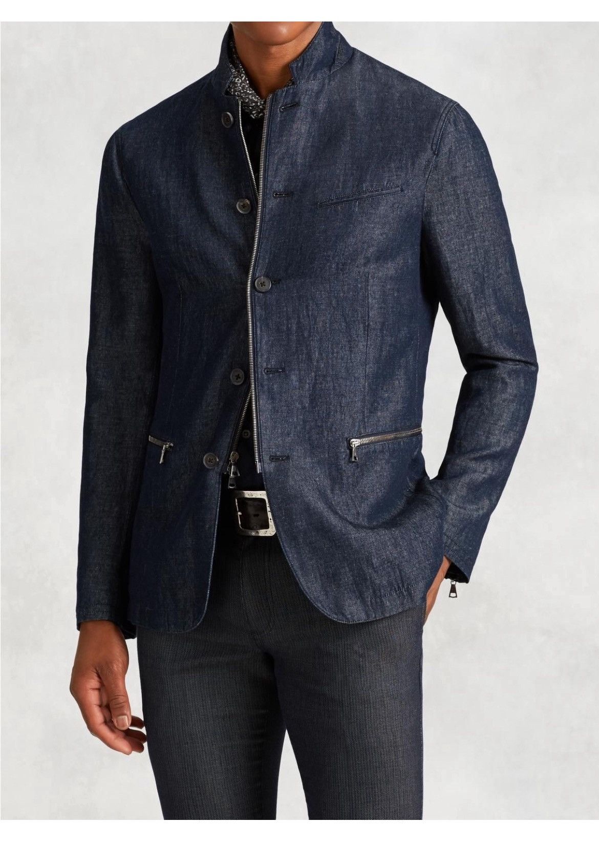 image of John Varvatos Chambray Backzip Jacket. 52 in Blue, Men's (Size Large)