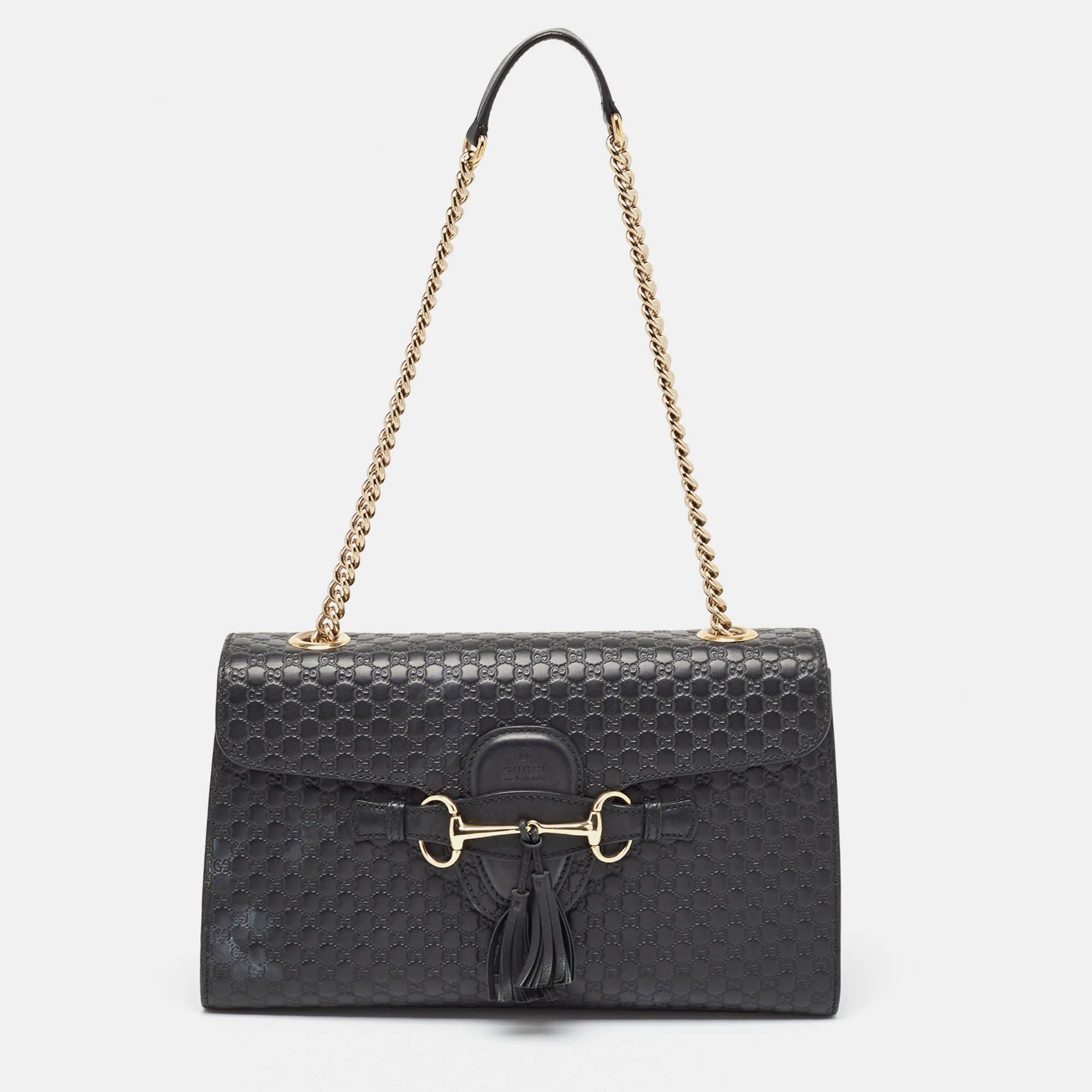 image of Gucci Black Microssima Leather Medium Emily Shoulder Bag, Women's