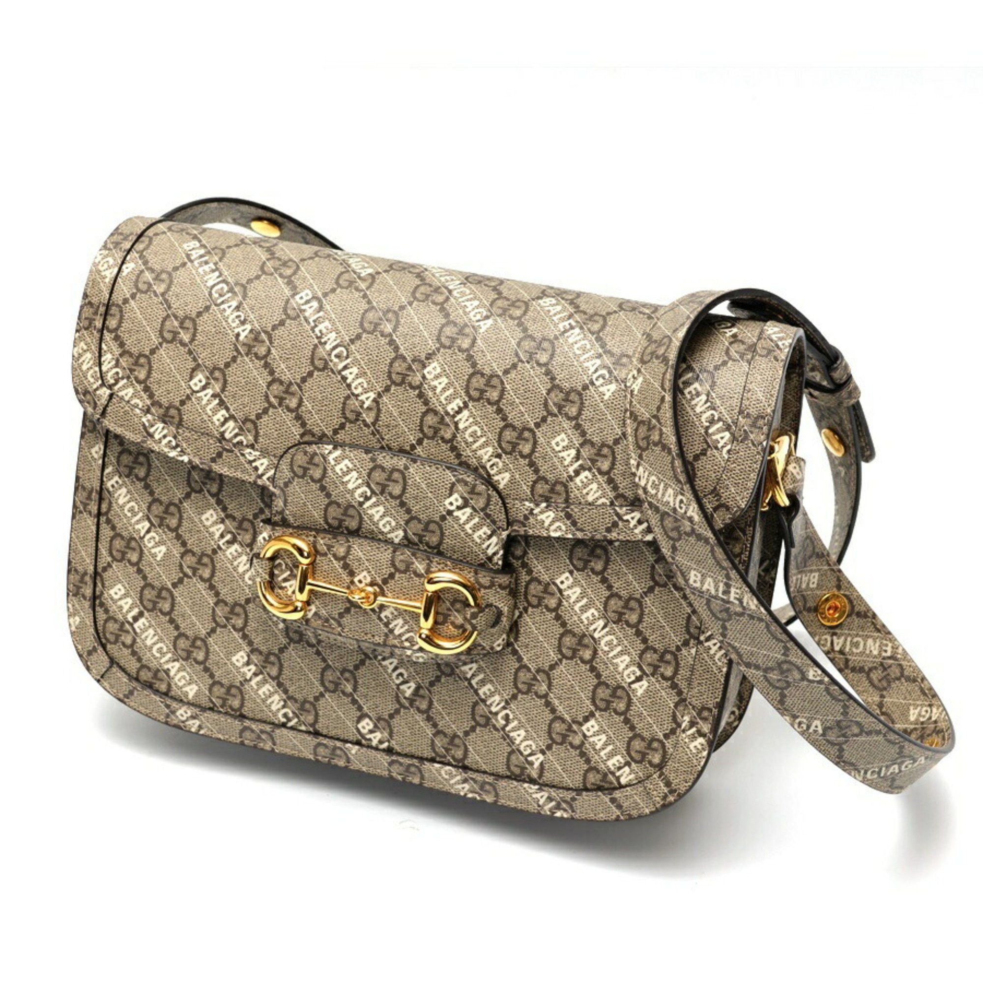 Gucci X Balenciaga Horsebit 1955 Shoulder Bag 602204 GG Supreme Greige E-157717, Women's