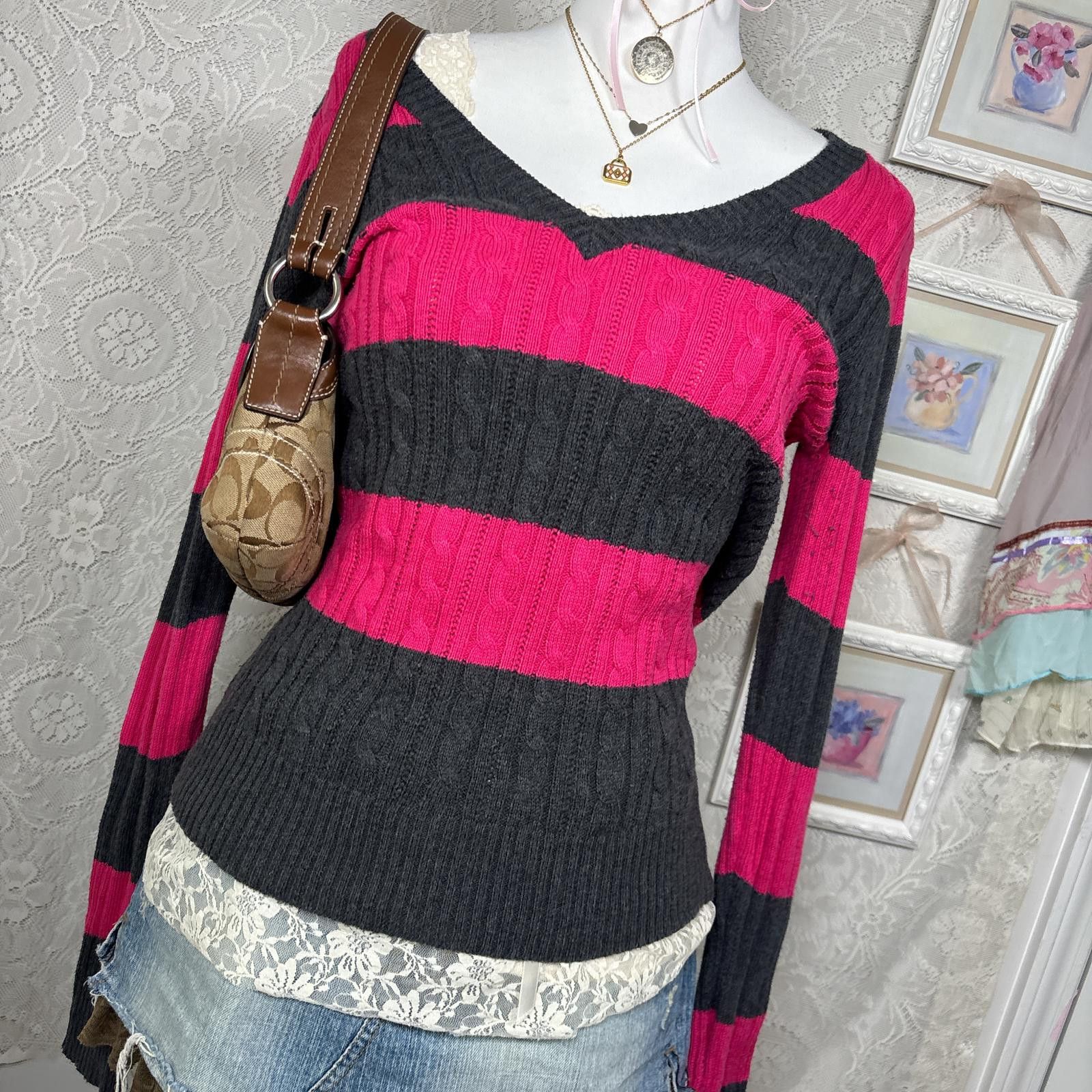 Arizona Jean Co. y2k 2000s striped cable knit fitted sweater Size L / US 10 / IT 46 - 2 Thumbnail