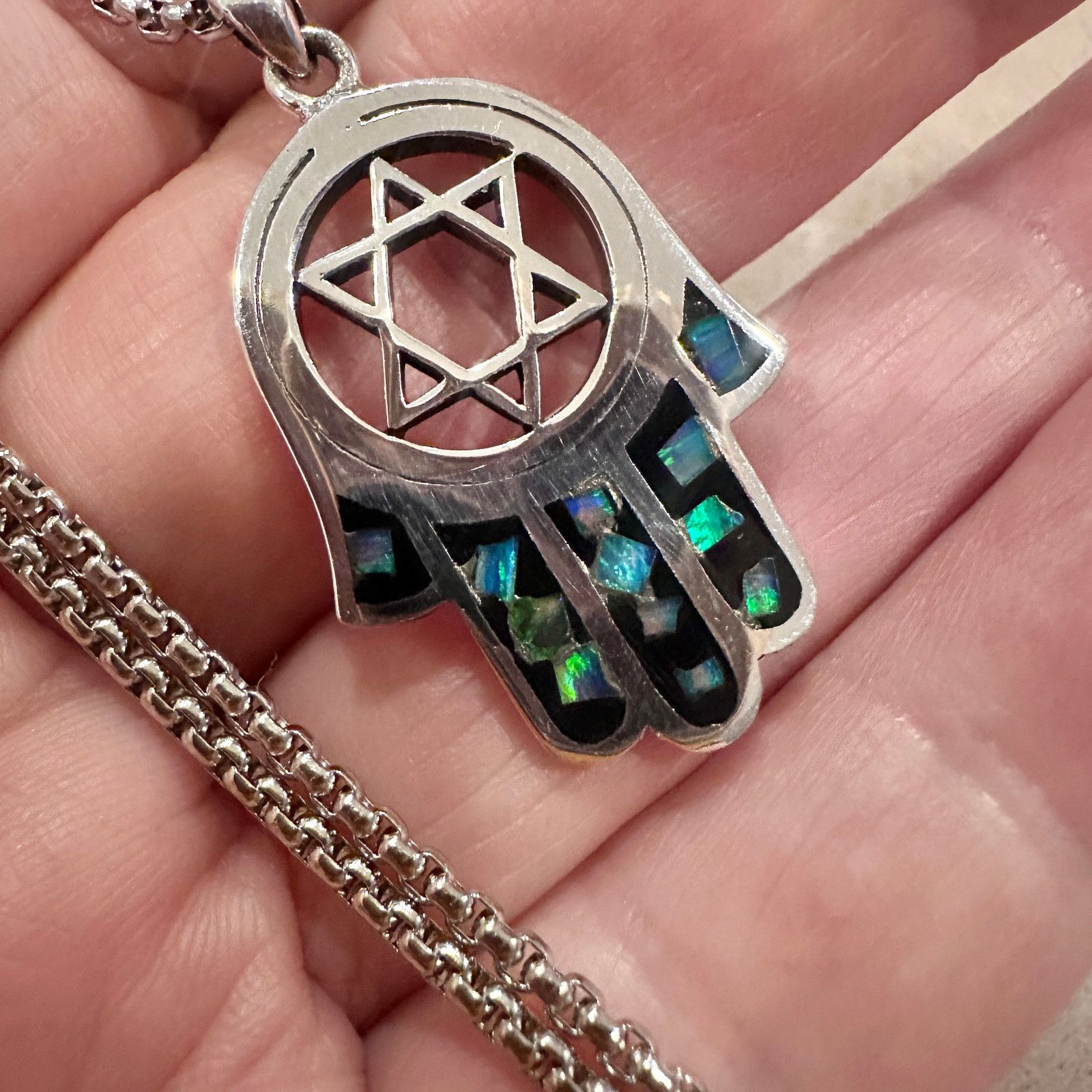 The Unbranded Brand Sterling Silver Hamsa Pendant with Lab Opal & Star of David Size ONE SIZE - 4 Thumbnail