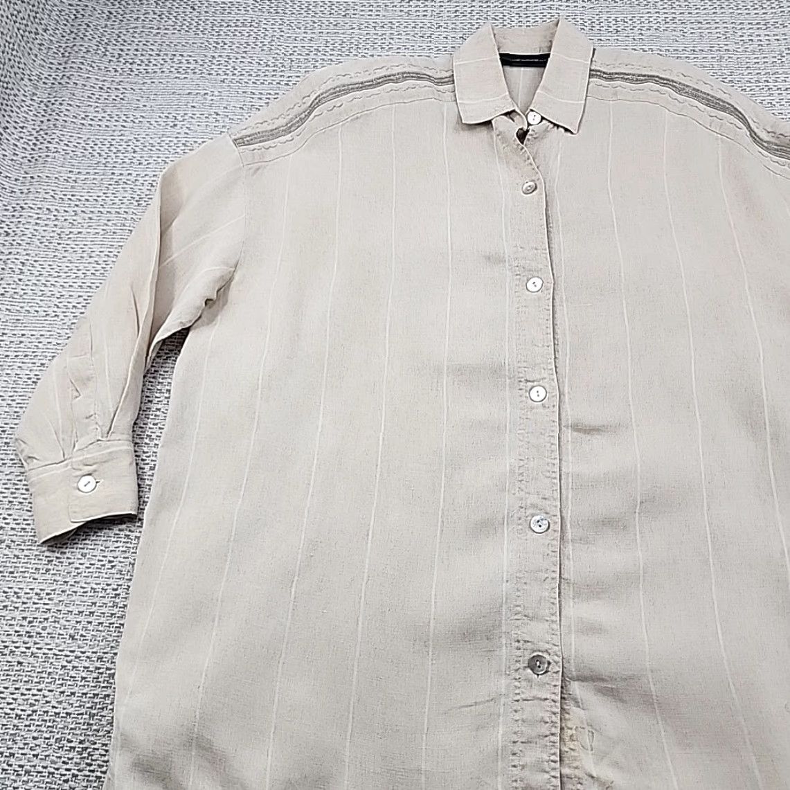 Ellen Tracy Linda Allard Ellen Tracy Blouse Jacket M 100% Linen Button Up Shoulder Pads Beige Long Sleeve Collared 18 Women Vintage: No Size XXL / US 16-18 / IT 52-54 - 3 Thumbnail