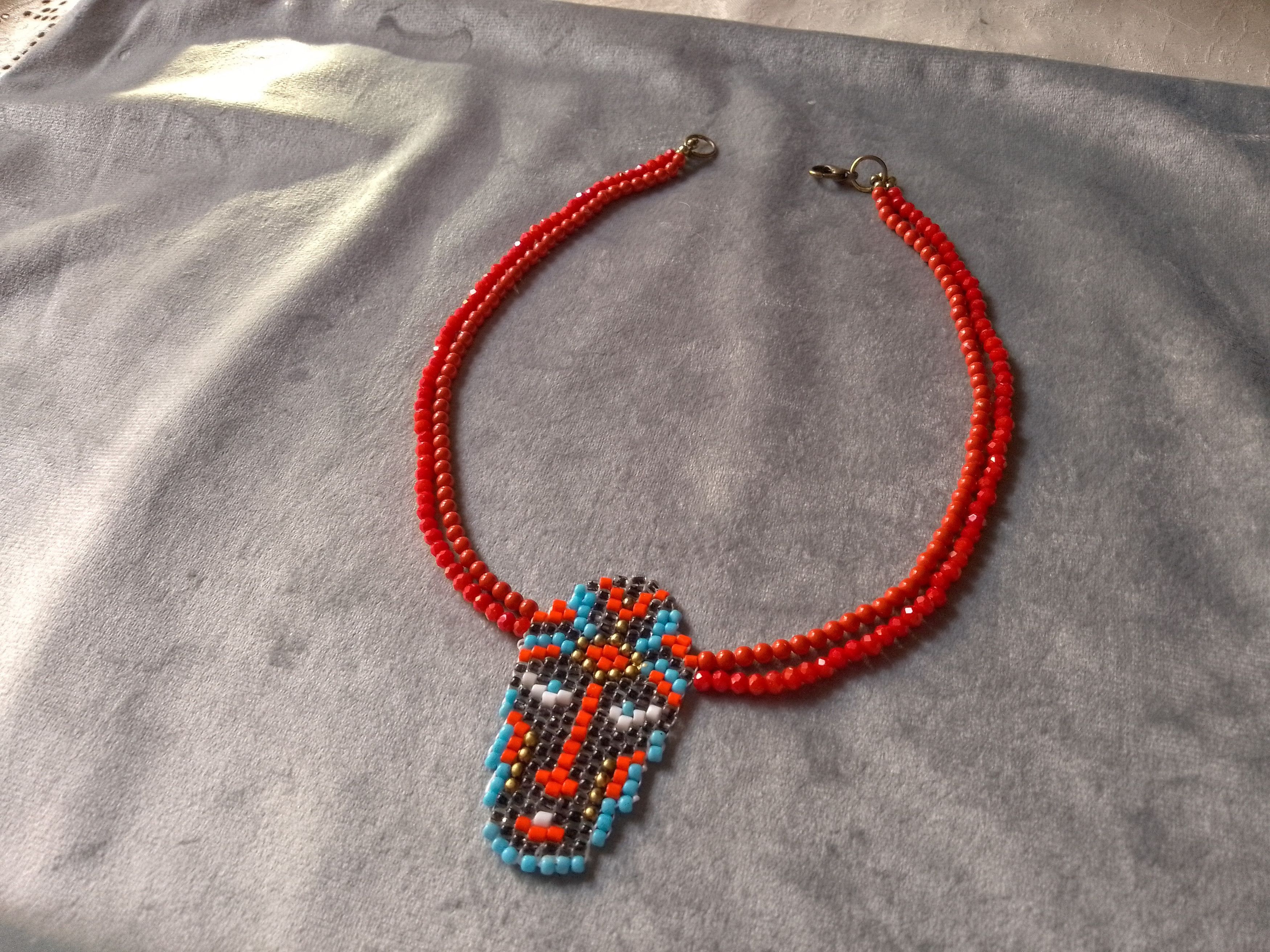 Handmade Necklace Red Ethnic Tribal Beaded Face Pendant Size ONE SIZE - 1 Thumbnail