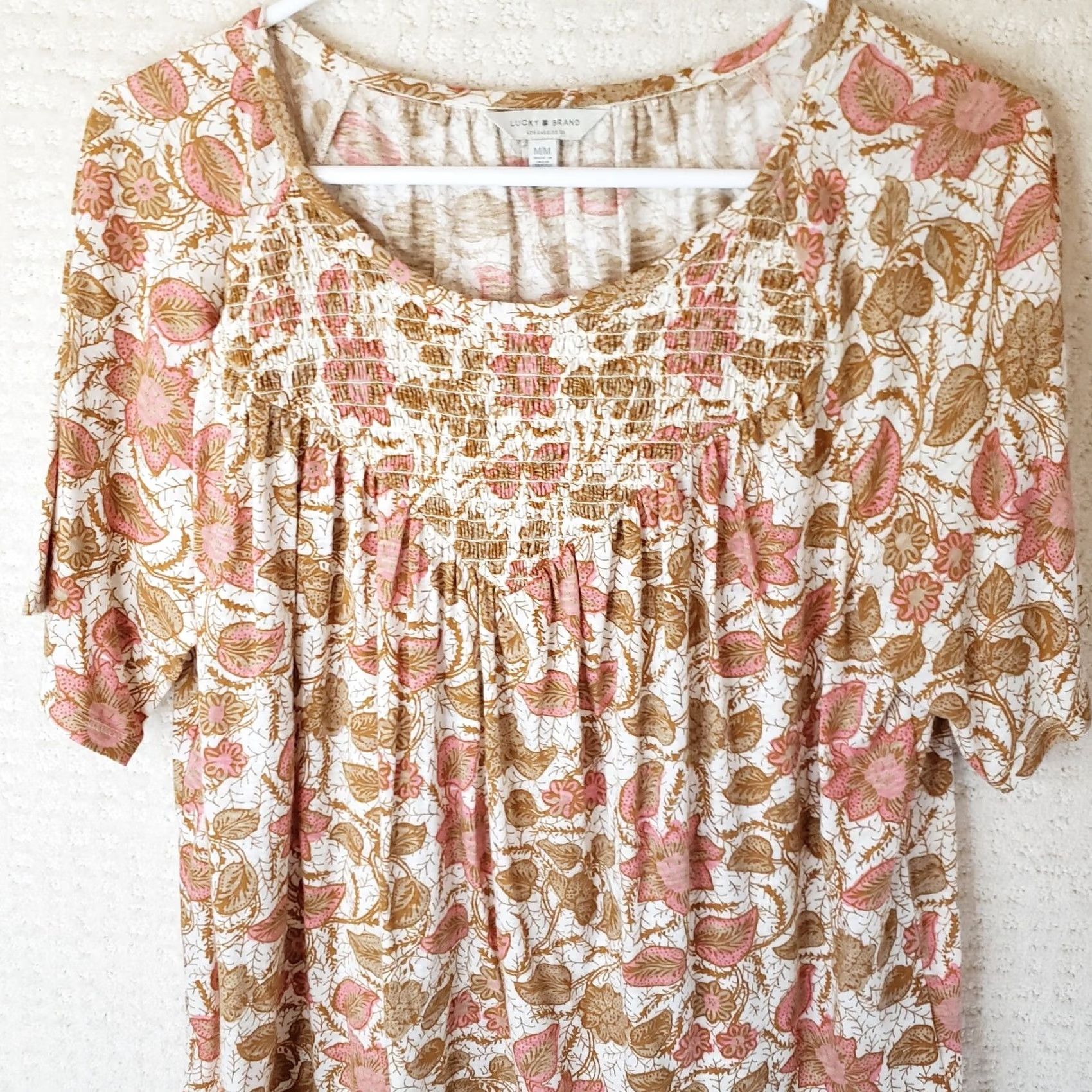 Lucky Brand Lucky Brand Blouse Women's M Peach Boho Peasant Floral 3/4 Sleeve Round Neck Elastic Front Cotton Multicolor Bohemian Relaxed Casual N/A Size M / US 6-8 / IT 42-44 - 2 Thumbnail