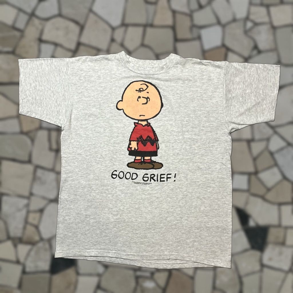 VINTAGE Logotel Peanuts Charlie Brown T-Shirt XL Crew Neck Short Sleeve Good Grief Graphic Print Men Brown Cotton