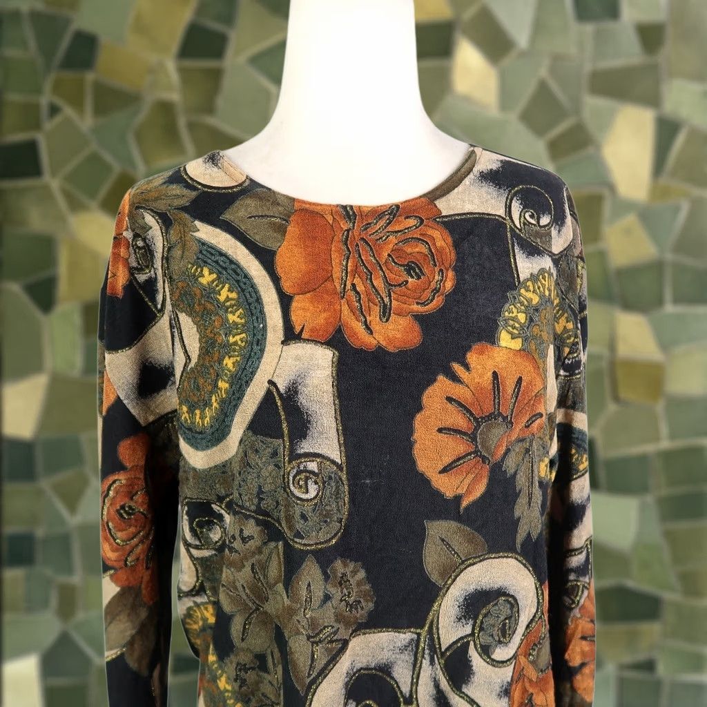 Vintage VINTAGE Superline Floral Jersey Tee Long Sleeve Tunic Womens 90s Bohemian Black Orange Size L / US 10 / IT 46 - 1 Thumbnail
