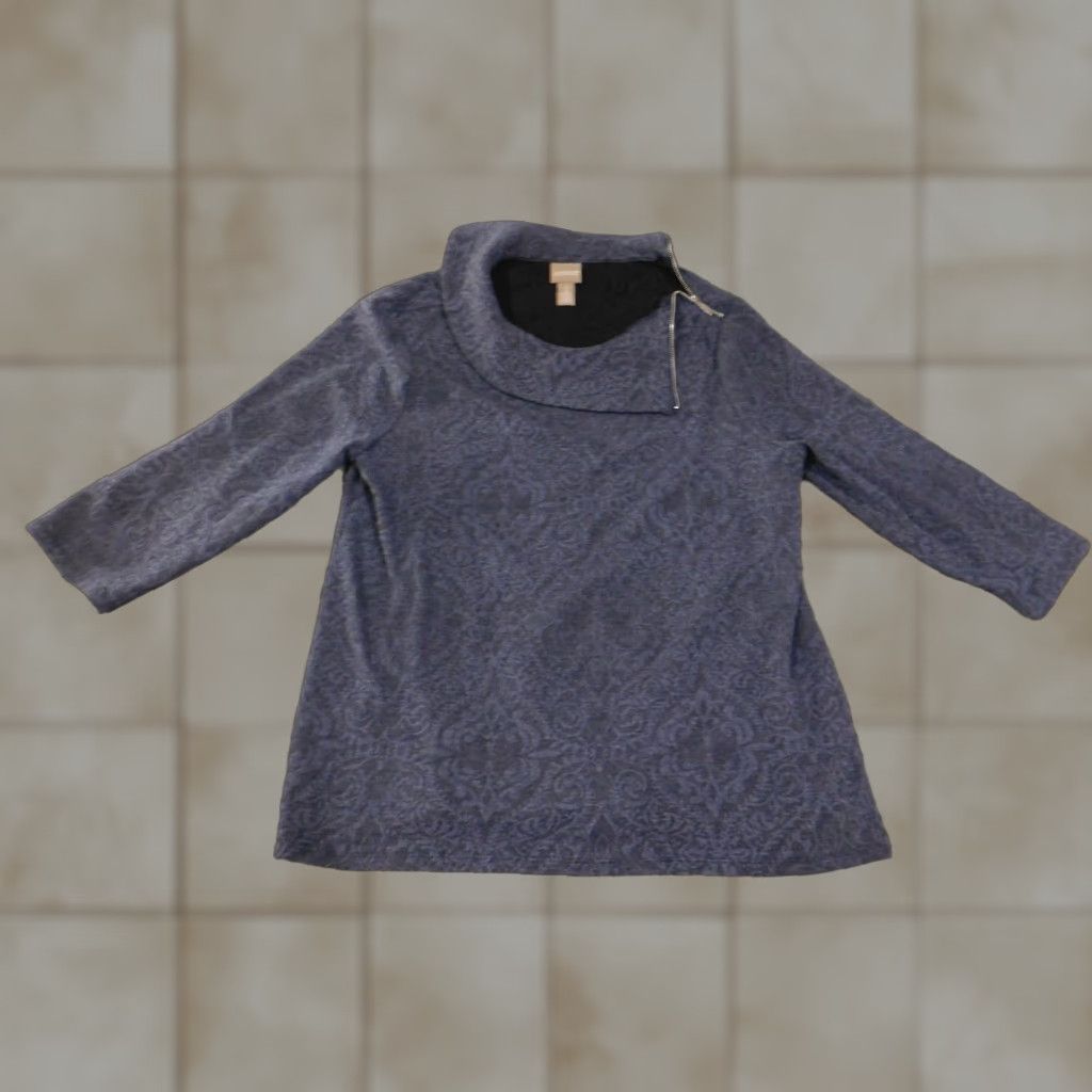 Vintage Chicos Sweater Women's 2 Navy Blue Textured Knit Zip Collar Pullover Long Sleeve Mock Neck Cozy Winter Fall Spring Size XS / US 0-2 / IT 36-38 - 1 Thumbnail