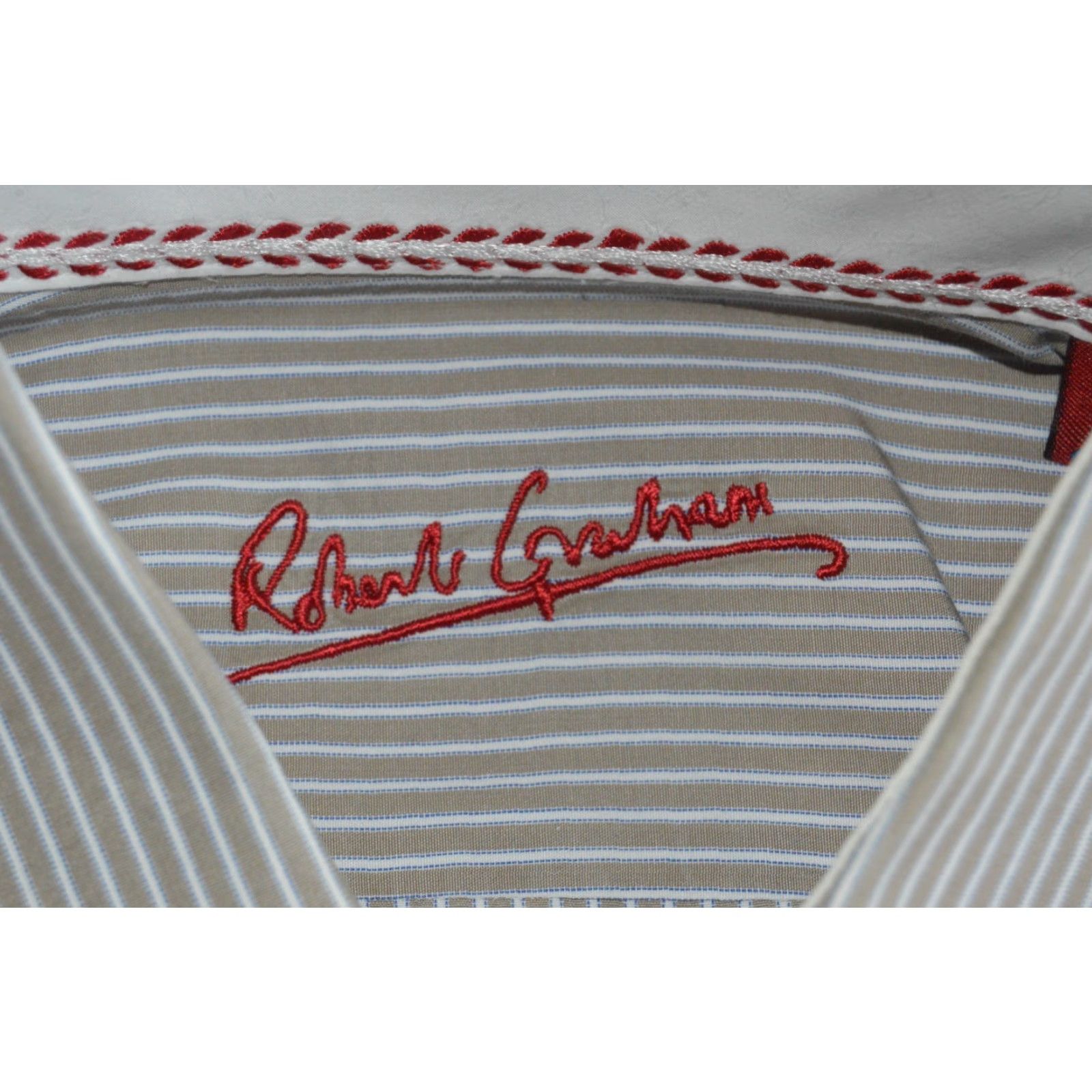 Robert Graham Robert Graham Shirt Mens 43/17 Khaki Stripe Embroidered Button-Up Long Sleeve Collared Beige Cotton Silk Vintage No Size US XL / EU 56 / 4 - 4 Thumbnail