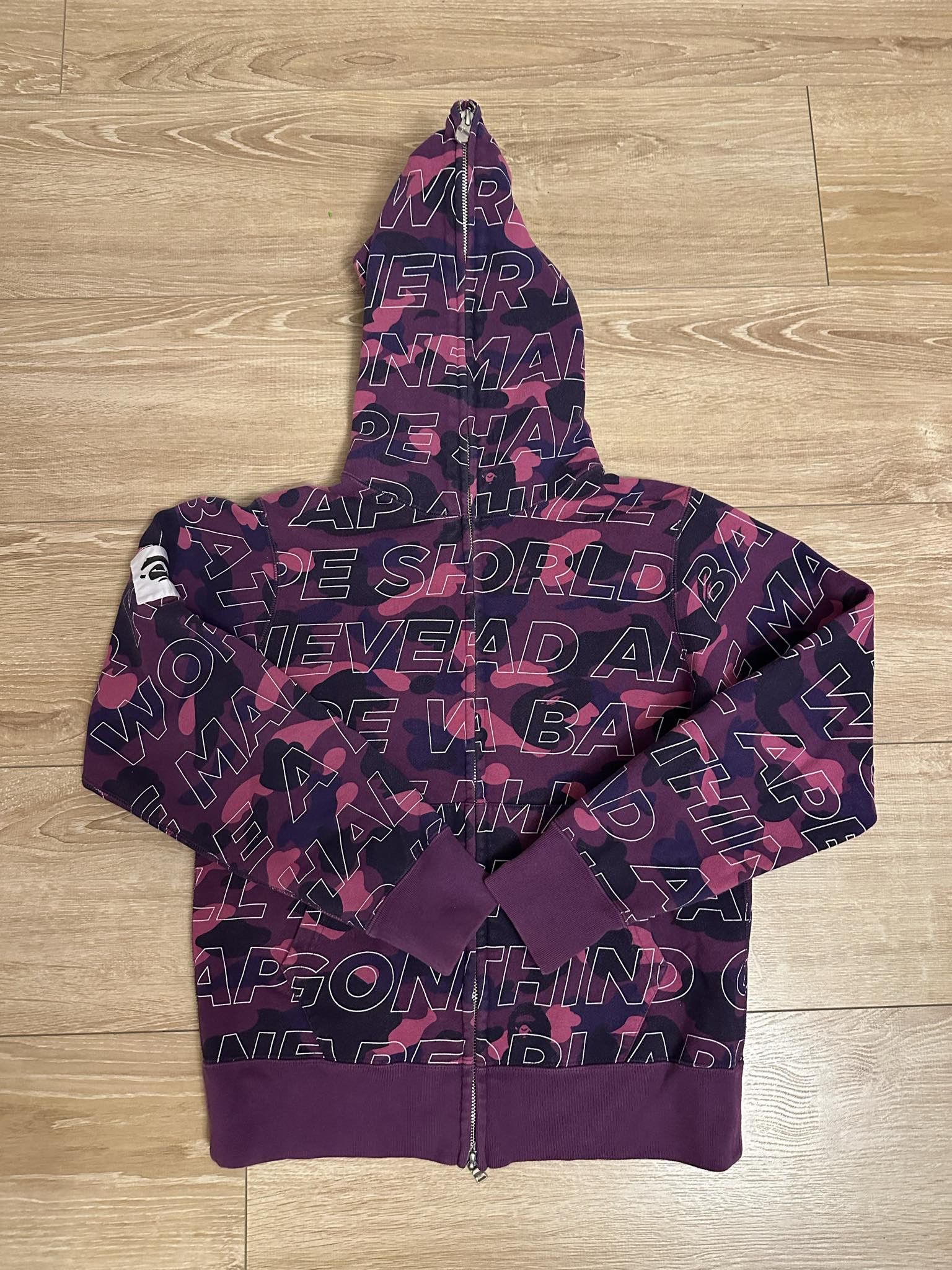 image of Bape Text Color Camo Full Zip Hoodie in Purple, Men's (Size Small)