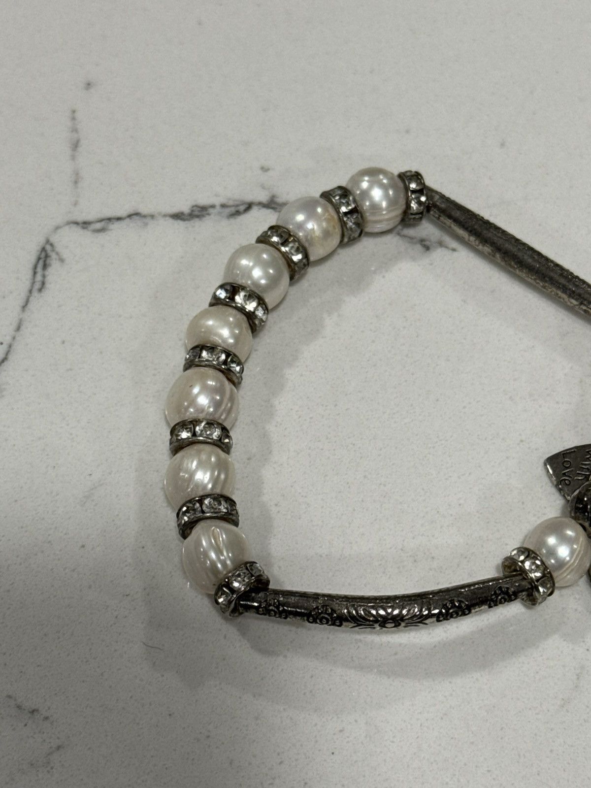 Jewelry Vintage Y2K Pearl Heart Charm Bracelet Rhinestone Coquette Size ONE SIZE - 4 Thumbnail