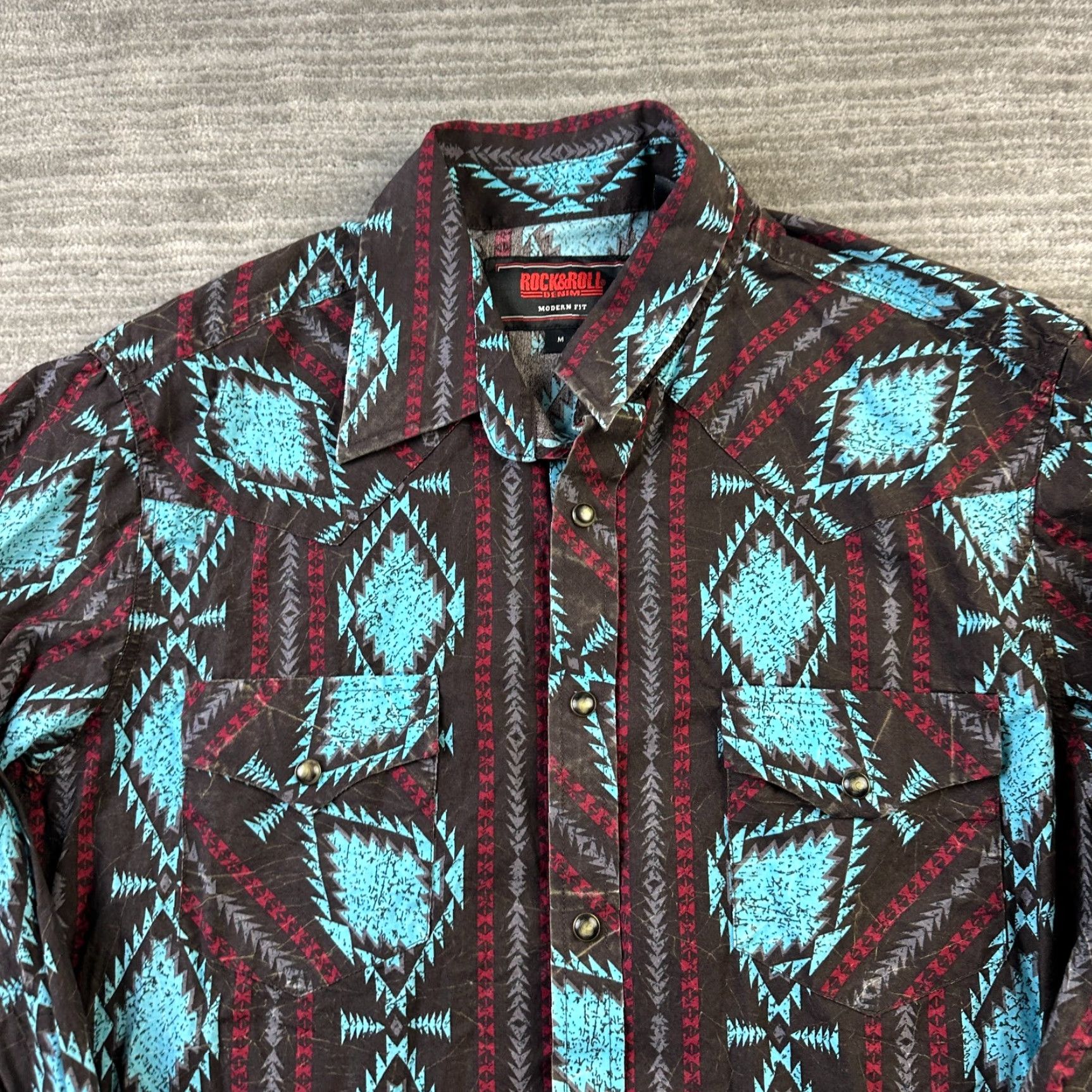 Denime Rock & Roll Denim Shirt Mens M Blue Cotton Button-Up Western Geometric Pattern Snap Collar Long Sleeve Casual Southwestern Cowboy Vintage No Size US M / EU 48-50 / 2 - 5 Thumbnail