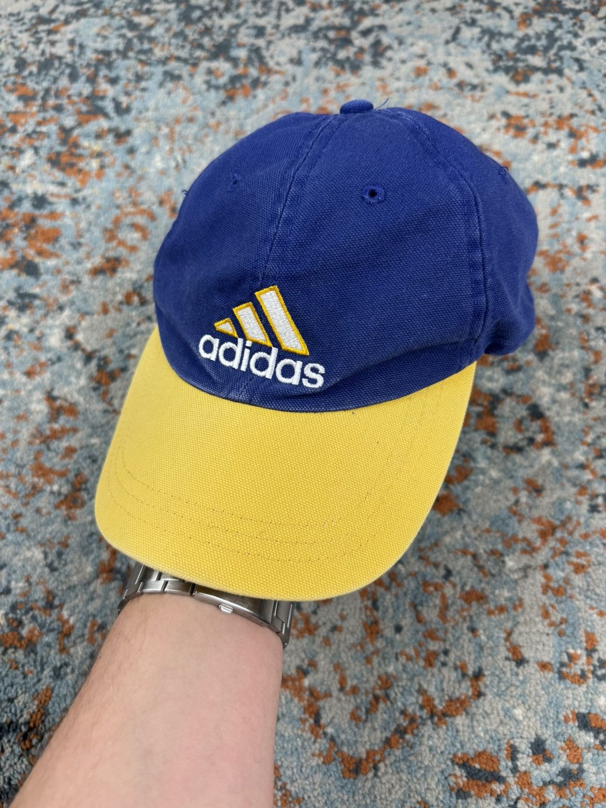 Adidas × Vintage Vintage 90s Adidas yellow navy crazy raver style hat cap Size ONE SIZE - 1 Thumbnail