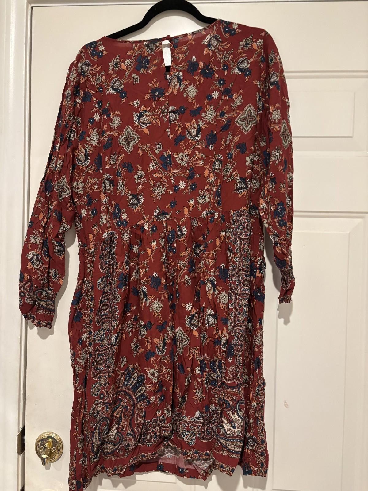 Lucky Brand Womens sz L Lucky Brand boho maroon floral dress #507 Size L / US 10 / IT 46 - 2 Thumbnail