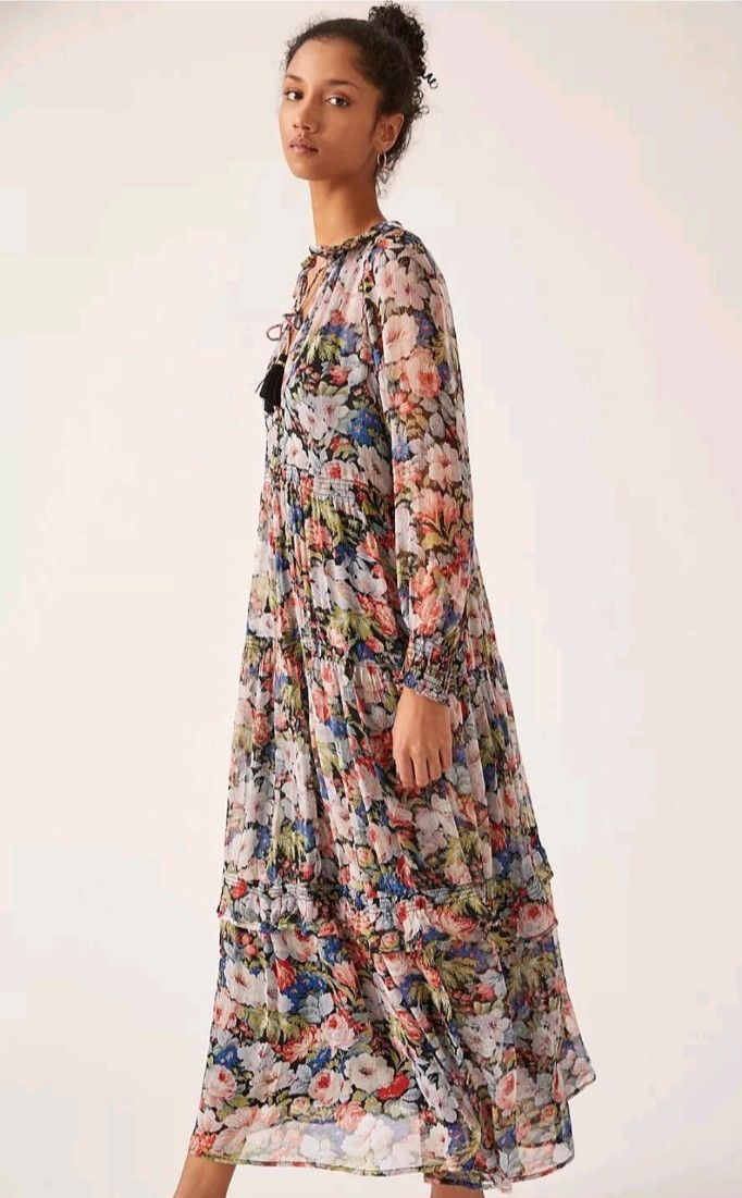 Anthropologie The Marais Printed Chiffon Maxi Dress Floral Sheer Overlay Size L / US 10 / IT 46 - 14 Thumbnail