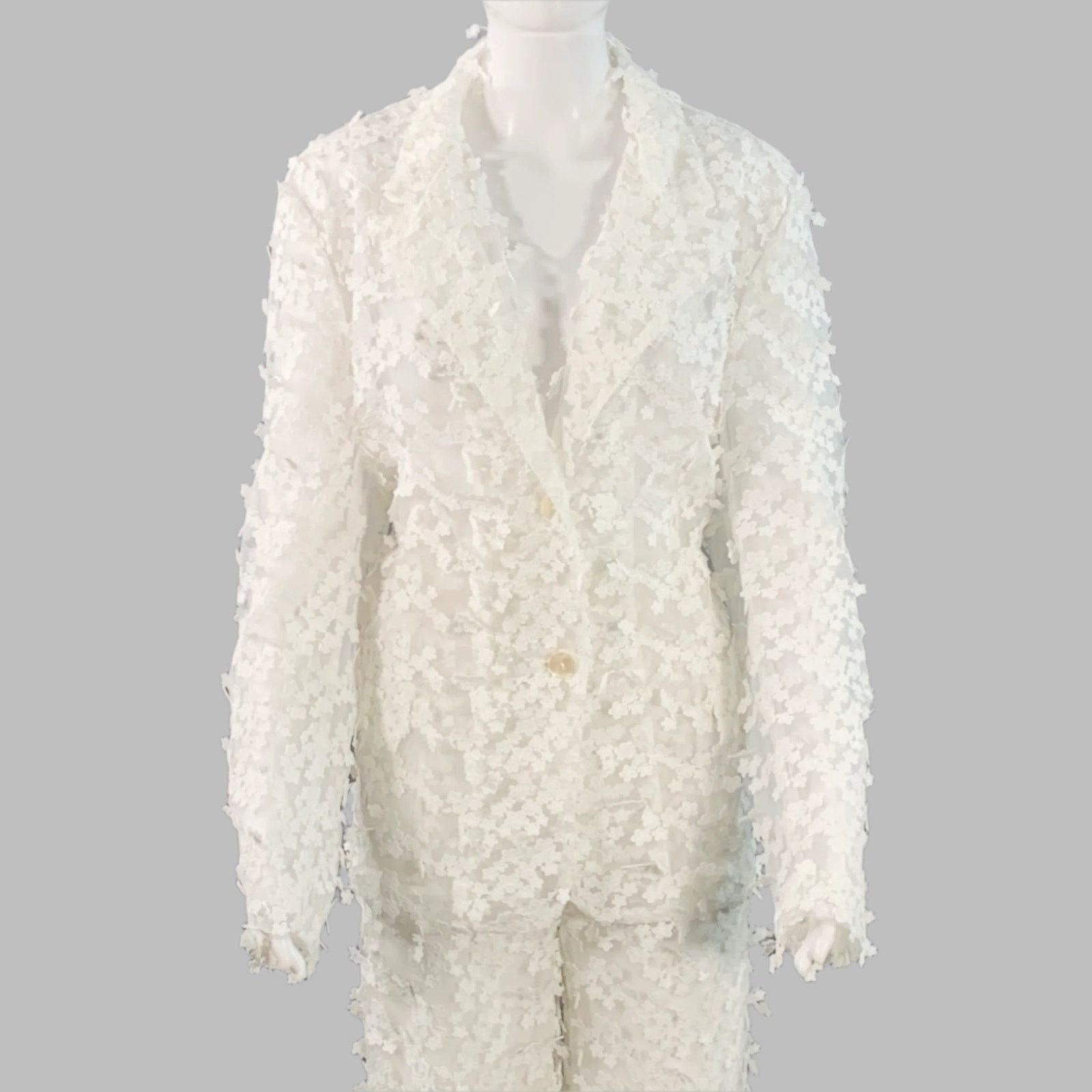 CYNTHIA ROWLEY M White Polyester Lace Peak Lapel Pantsuit