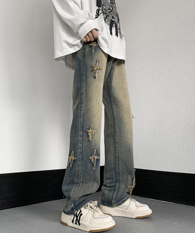 Japanese Brand Men's American high street cross embroidered loose jeans Size US 32 / EU 48 - 2 Thumbnail