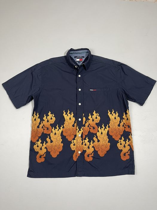 Vintage Rare Retro Tommy Hilfiger Flames Print Japanese Style Shirt ...