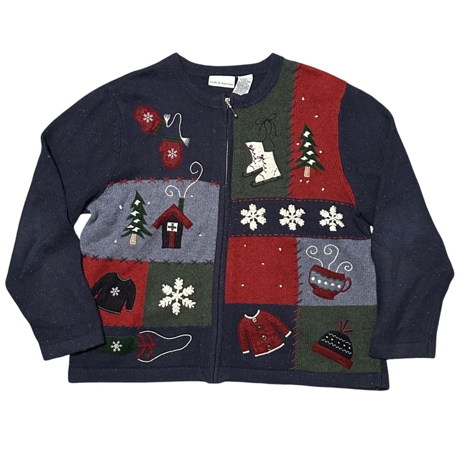 Croft & Barrow × Vintage Womens L G Winter Patchwork Holiday Zip Up Sweater Size L / US 10 / IT 46 - 1 Thumbnail