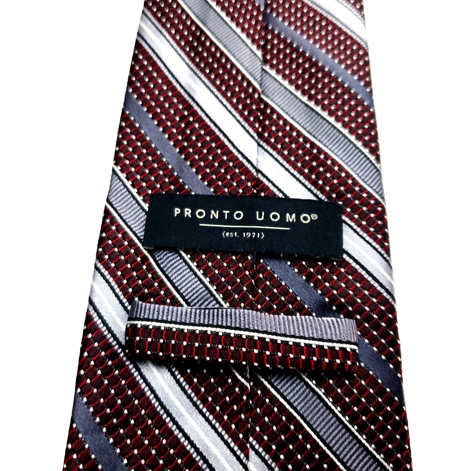 Pronto Uomo Pronto Uomo Silk Tie Woven Red Silver Striped Polka Dot Skin Size ONE SIZE - 3 Thumbnail