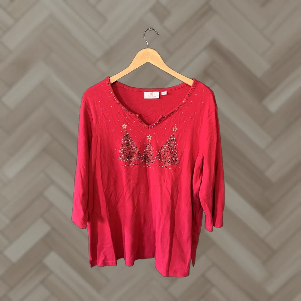 Quacker Factory VINTAGE Quaker Factory Womens Blouse 3/4 Sleeve Red Christmas 1X Plus Size Tunic Size XL / US 12-14 / IT 48-50 - 1 Thumbnail