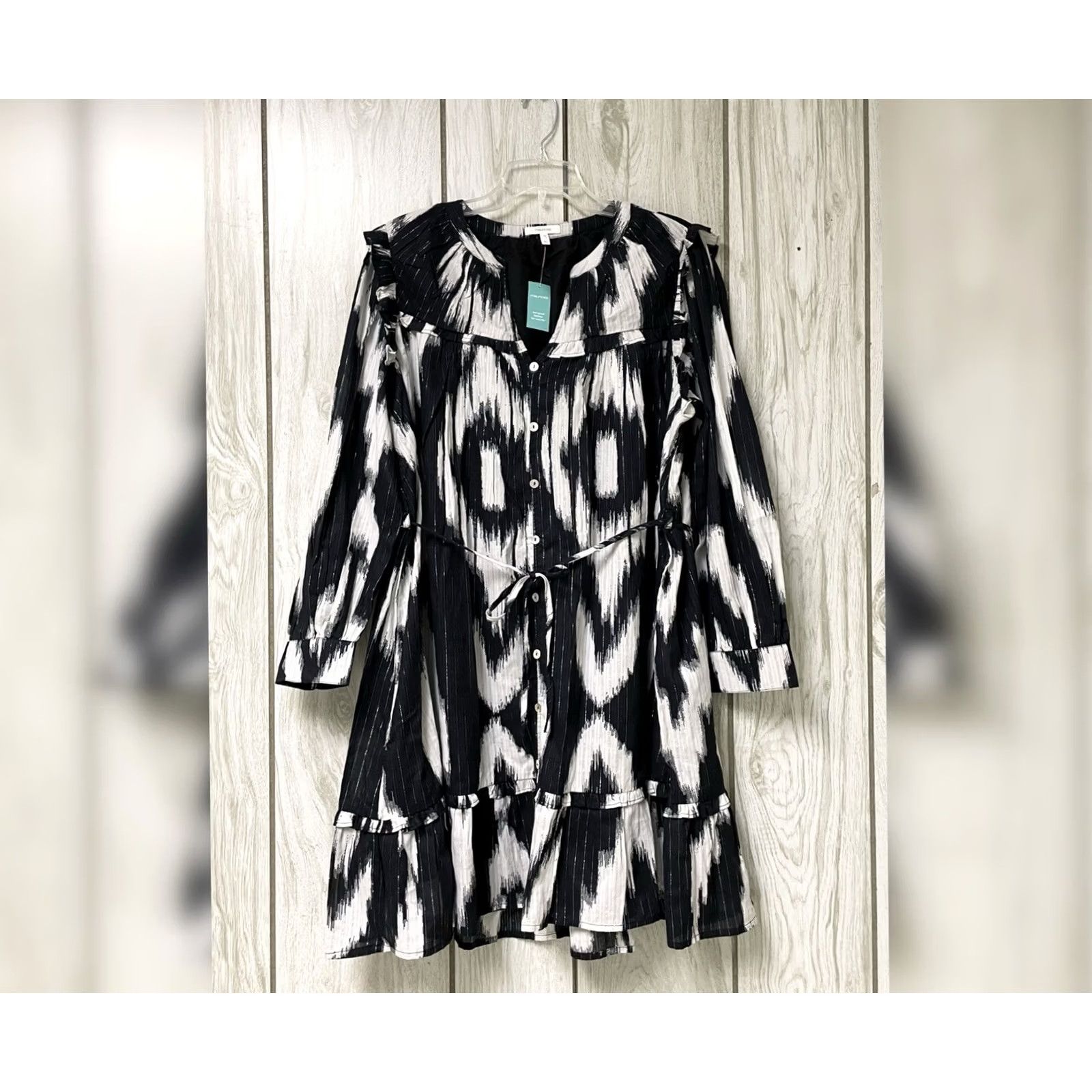 Vintage Maurices Women Skater Dress XL Black/White Abstract Print Ruffle Trim Tie-Waist Mini Dress Size XL / US 12-14 / IT 48-50 - 3 Thumbnail