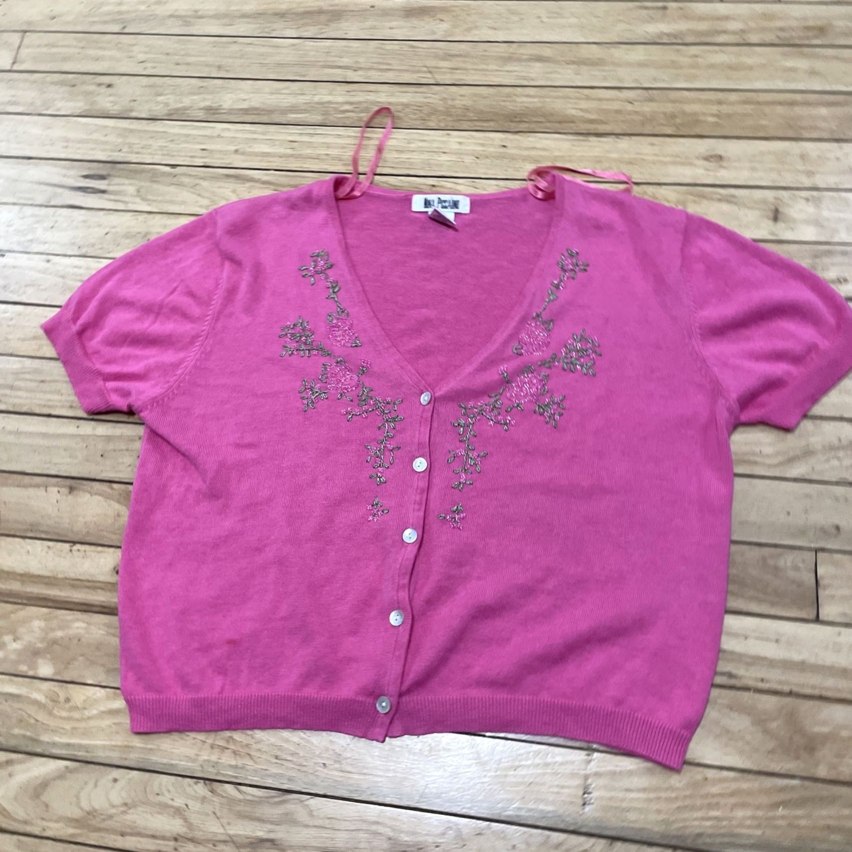 Vintage Nina Piccalino Vtg 90s Pink Cardigan Knit Shirt Women Slim 16 Y2k Beaded Floral Size XXL / US 16-18 / IT 52-54 - 3 Thumbnail