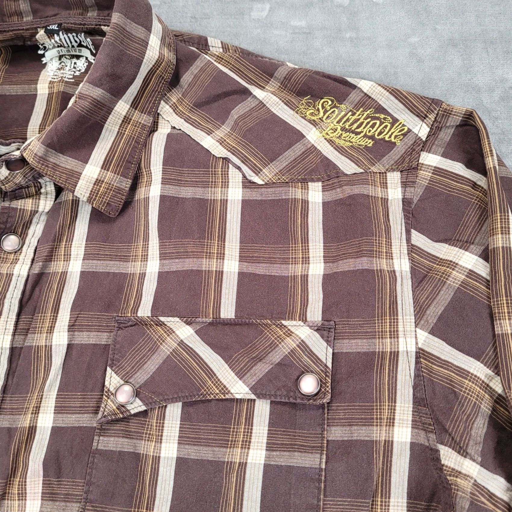 Southpole Southpole Premium Mens 3XL Plaid Western Shirt Long Sleeve Pearl Snap Brown Size US XXL / EU 58 / 5 - 6 Thumbnail
