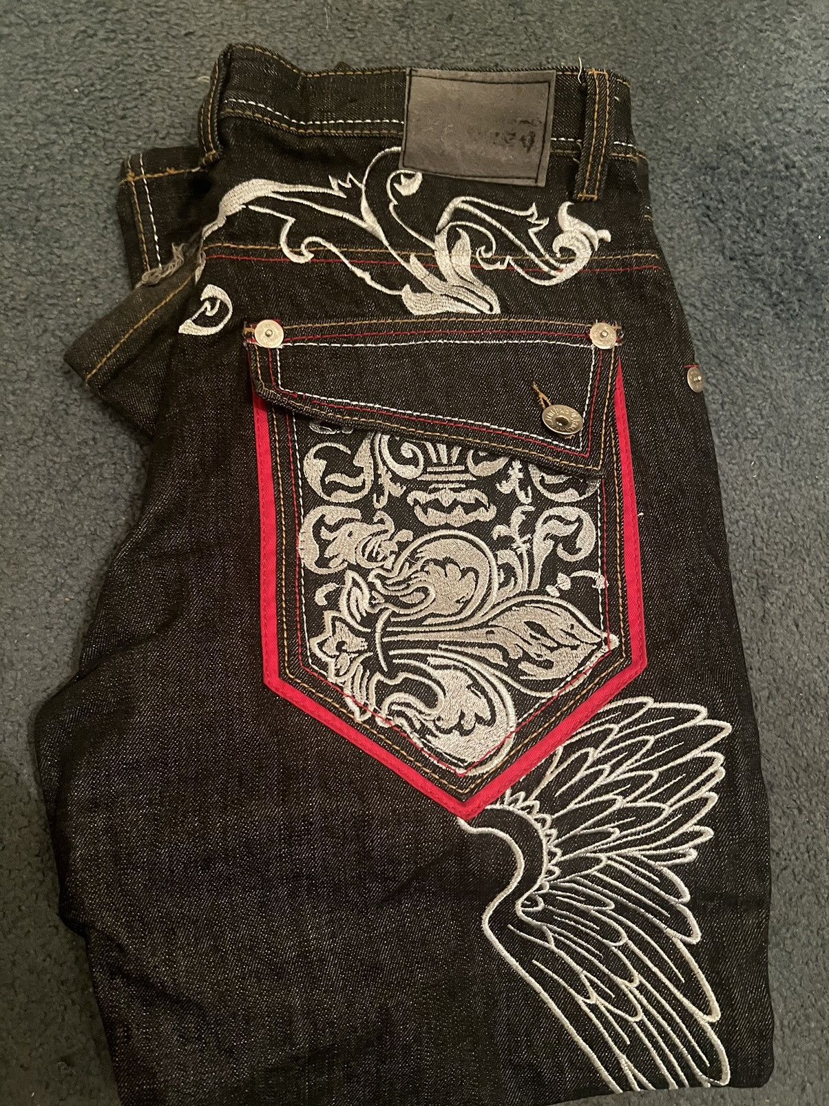 image of Affliction x Clench Jeans Sliver And Red Design in Black, Men's (Size 38)