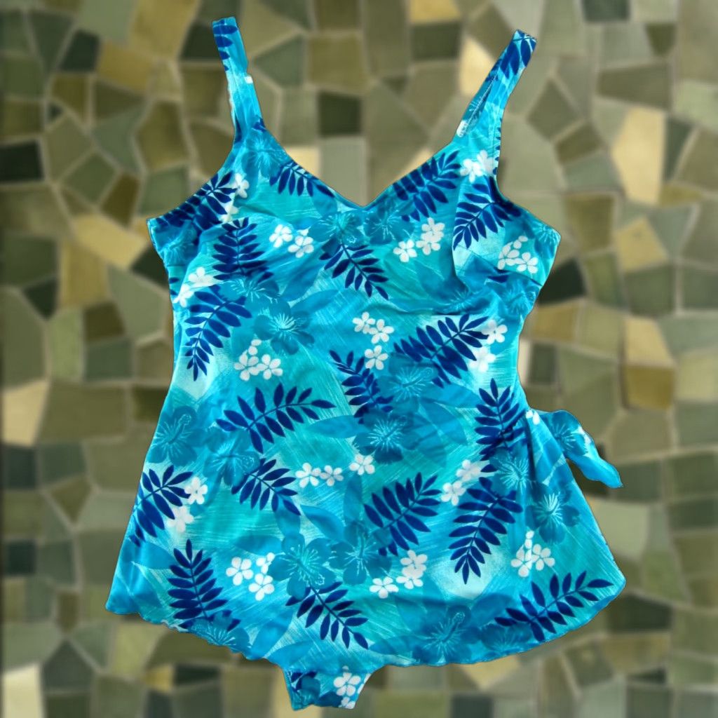 Vintage VINTAGE Maxine of Hollywood Blue White Tropical Floral Modest Swimsuit Dress 20W Size 3XL / US 20-22 - 1 Thumbnail