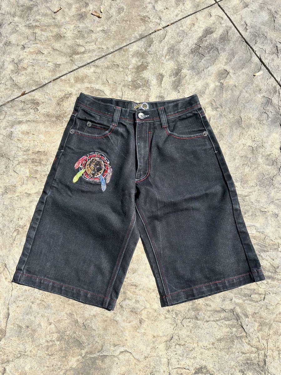 JNCO Y2K embroidered wolves baggy long shorts black red skater Size US 32 / EU 48 - 3 Thumbnail