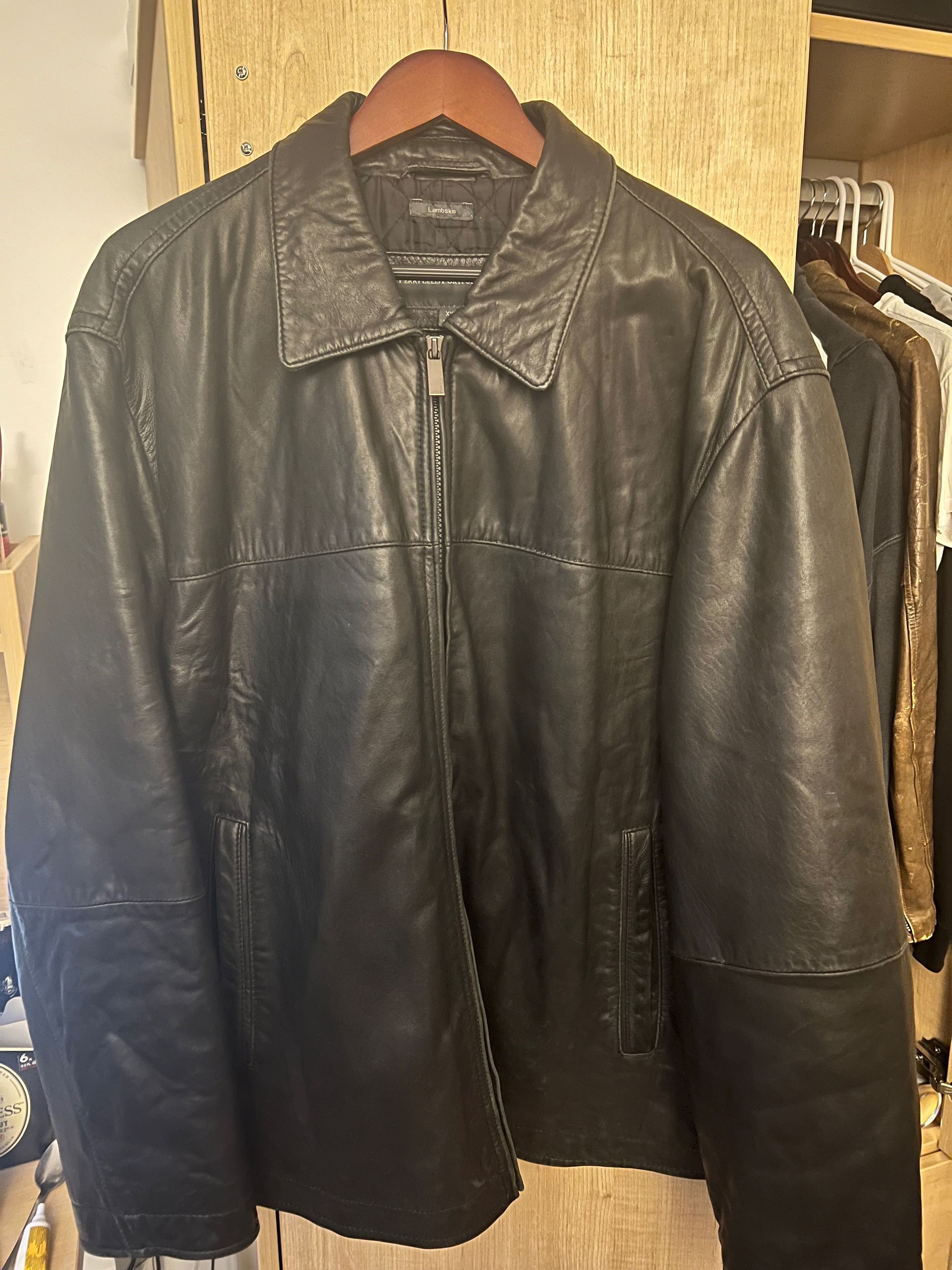 image of Perry Ellis Portfolio Perry Ellis Lambskin Leather Jacket in Black, Men's (Size 2XL)
