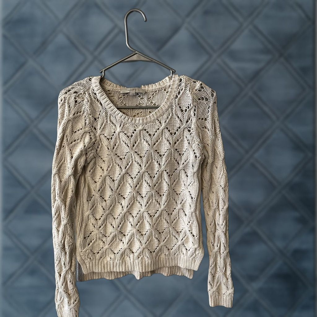 Loft LOFT Ivory Lace Knit Crew Neck Sweater Women's S Open-Knit Casual Pullover Size S / US 4 / IT 40 - 1 Thumbnail