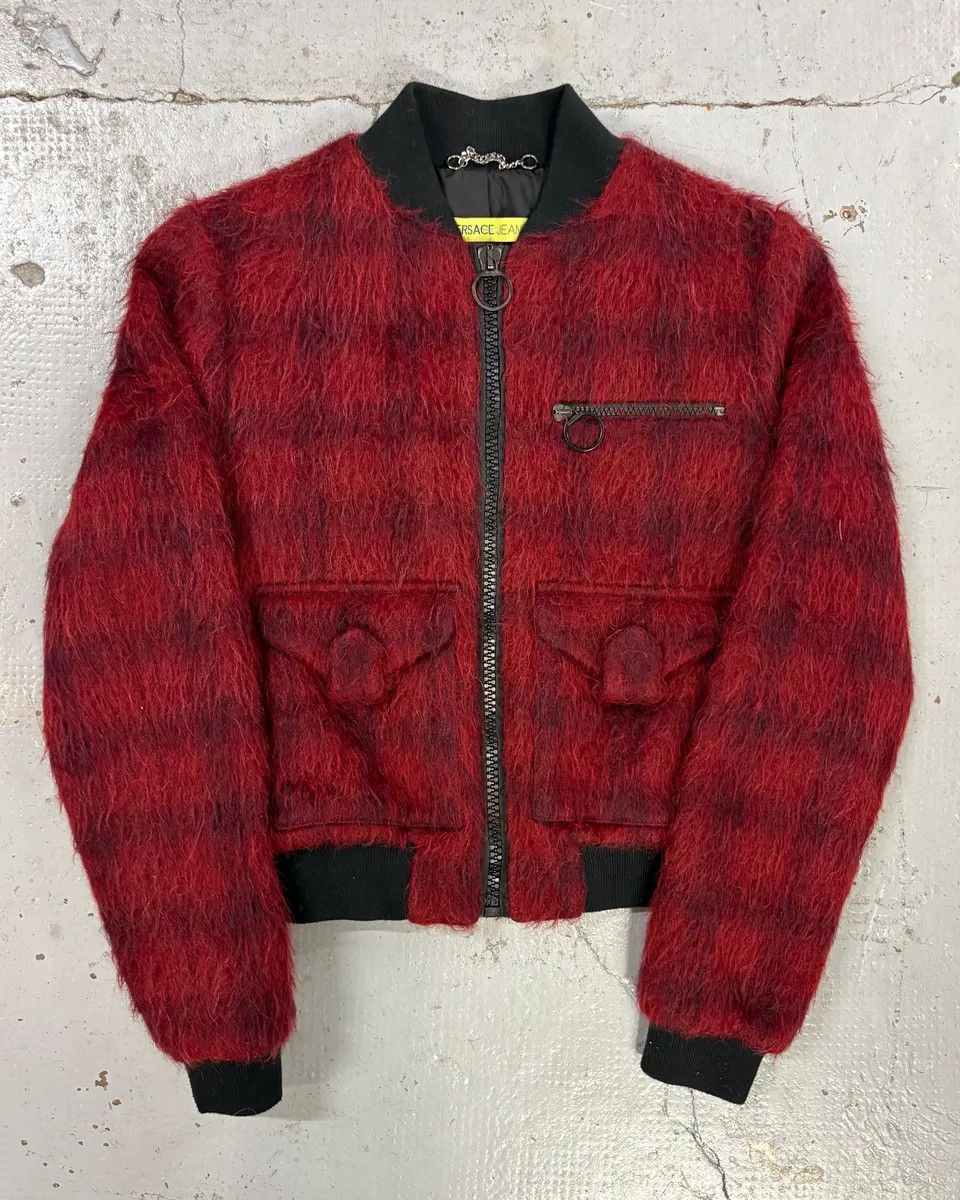 Versace 2010s Versace Red & Black Squared Plushed Bomber Jacket Size S / US 4 / IT 40 - 1 Thumbnail
