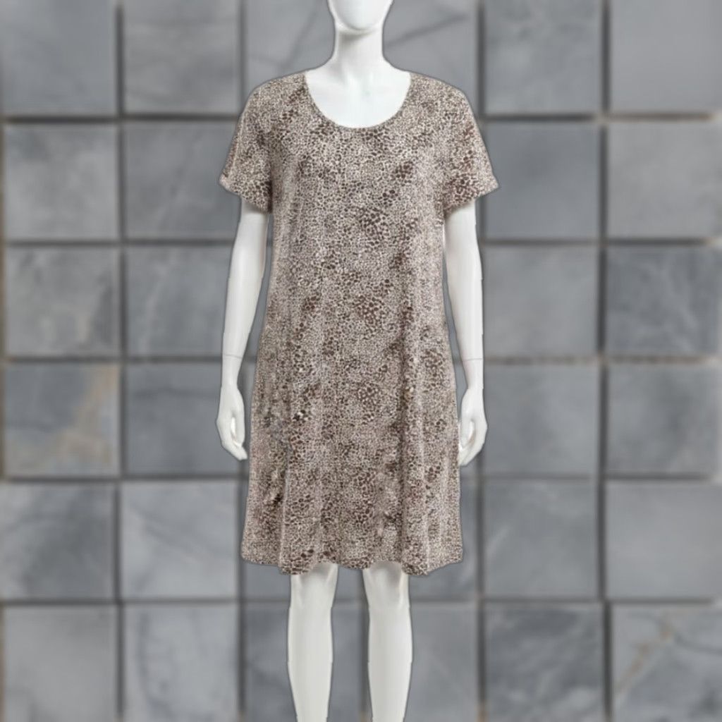 Lands' End Lands' End Dress Womens Size L Brown White Animal Print Short Sleeve Knit STAIN Dress Length Short Crew Neck T-Shirt Dress Womens Size 36" / US 14 / IT 50 - 1 Thumbnail